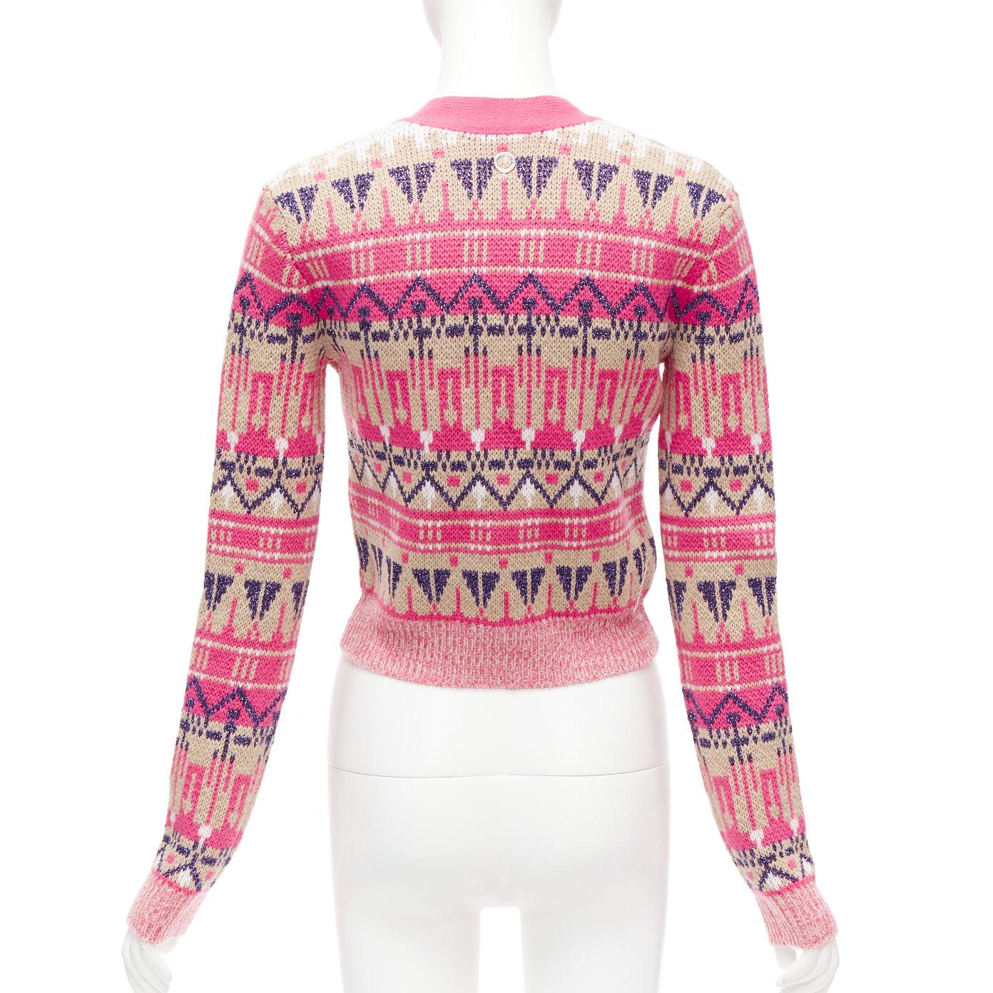 PACO RABANNE pink wool blend metallic fairisle pearl button cropped cardigan XS For Sale 2