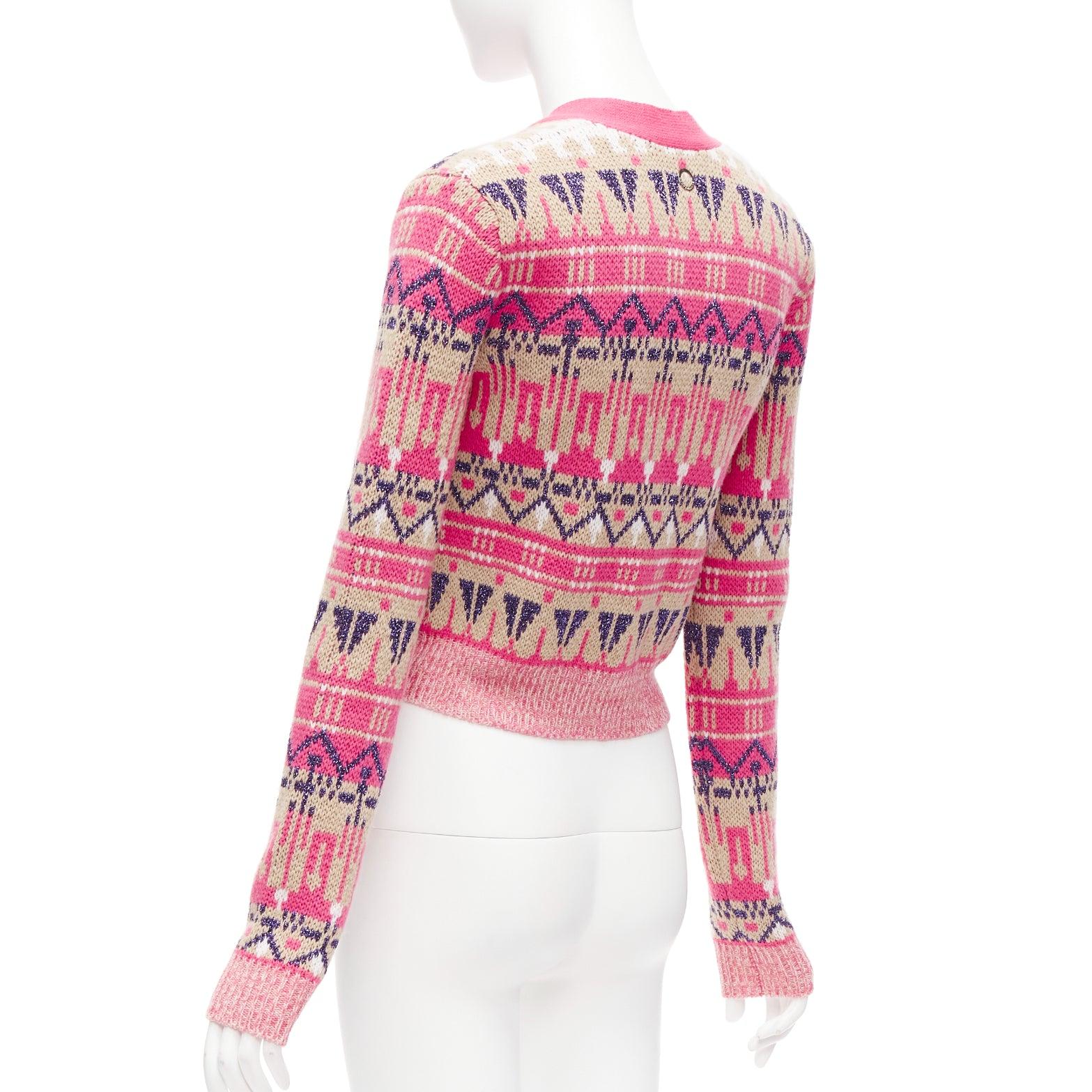 PACO RABANNE pink wool blend metallic fairisle pearl button cropped cardigan XS For Sale 3