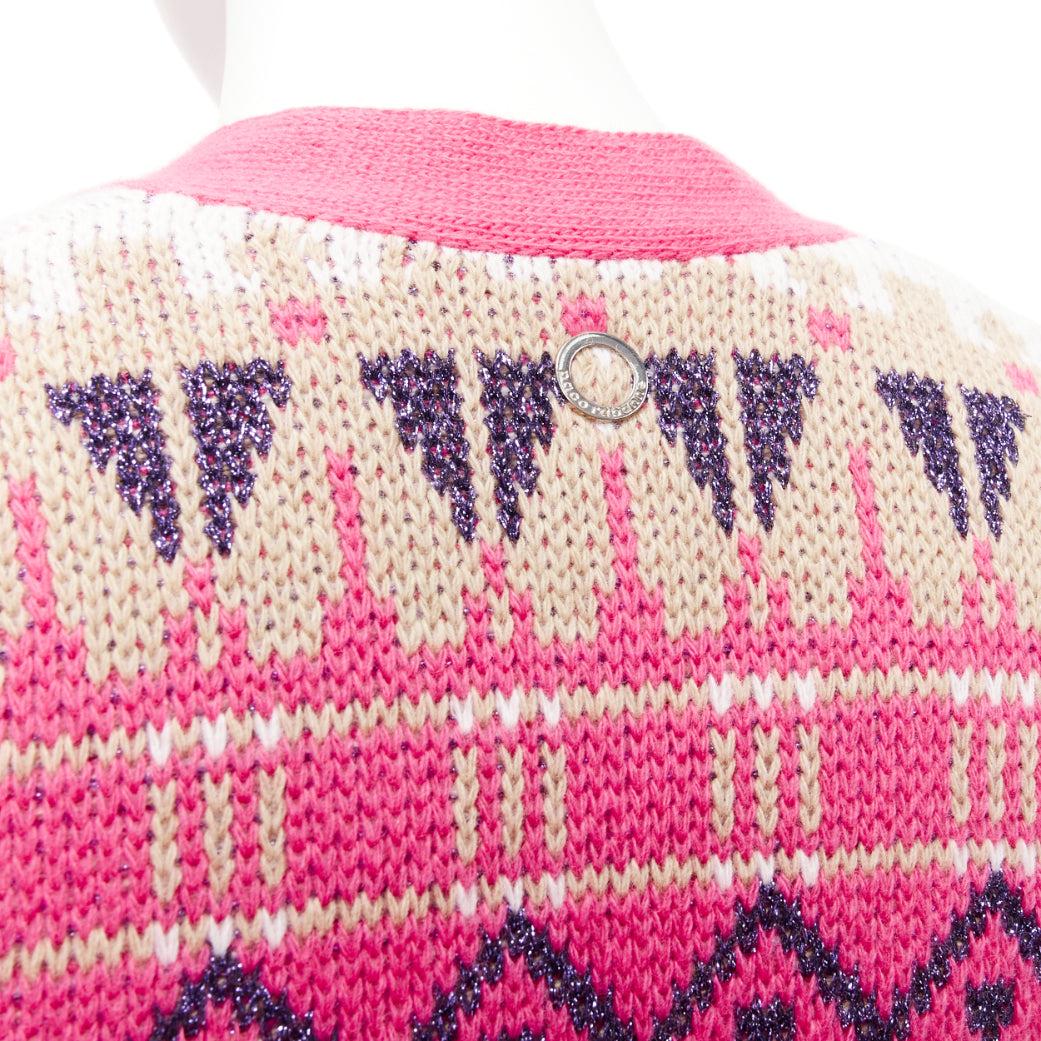 PACO RABANNE pink wool blend metallic fairisle pearl button cropped cardigan XS For Sale 4
