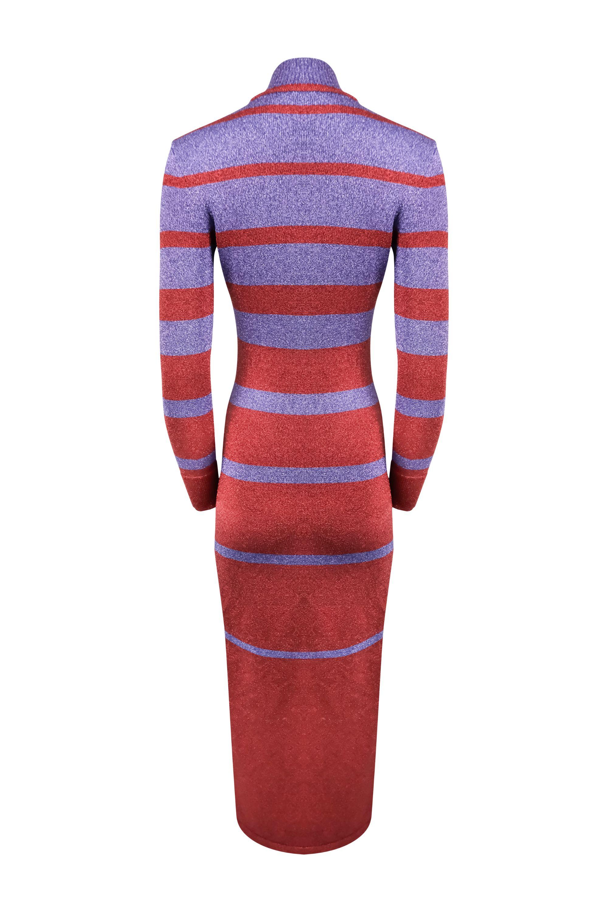 Paco Rabanne  Resort '23 Vestido de punto de rayas metalizado Rojo en venta