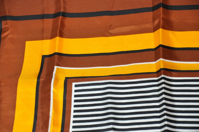 Paco Rabanne Rich Shades of Browns and Yellow Striped Center Silk Scarf For Sale 2