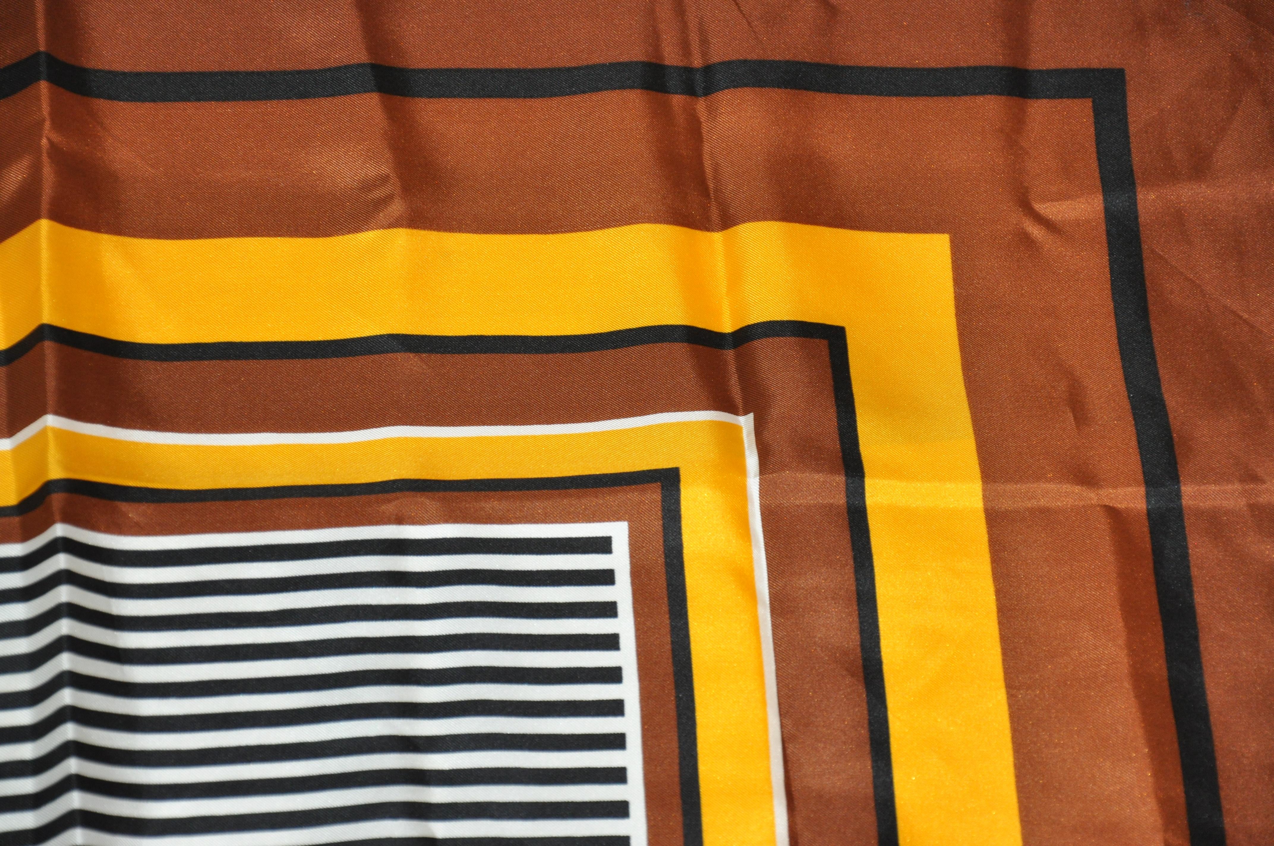 Women's or Men's Paco Rabanne Rich Shades of Browns and Yellow Striped Center Silk Scarf For Sale