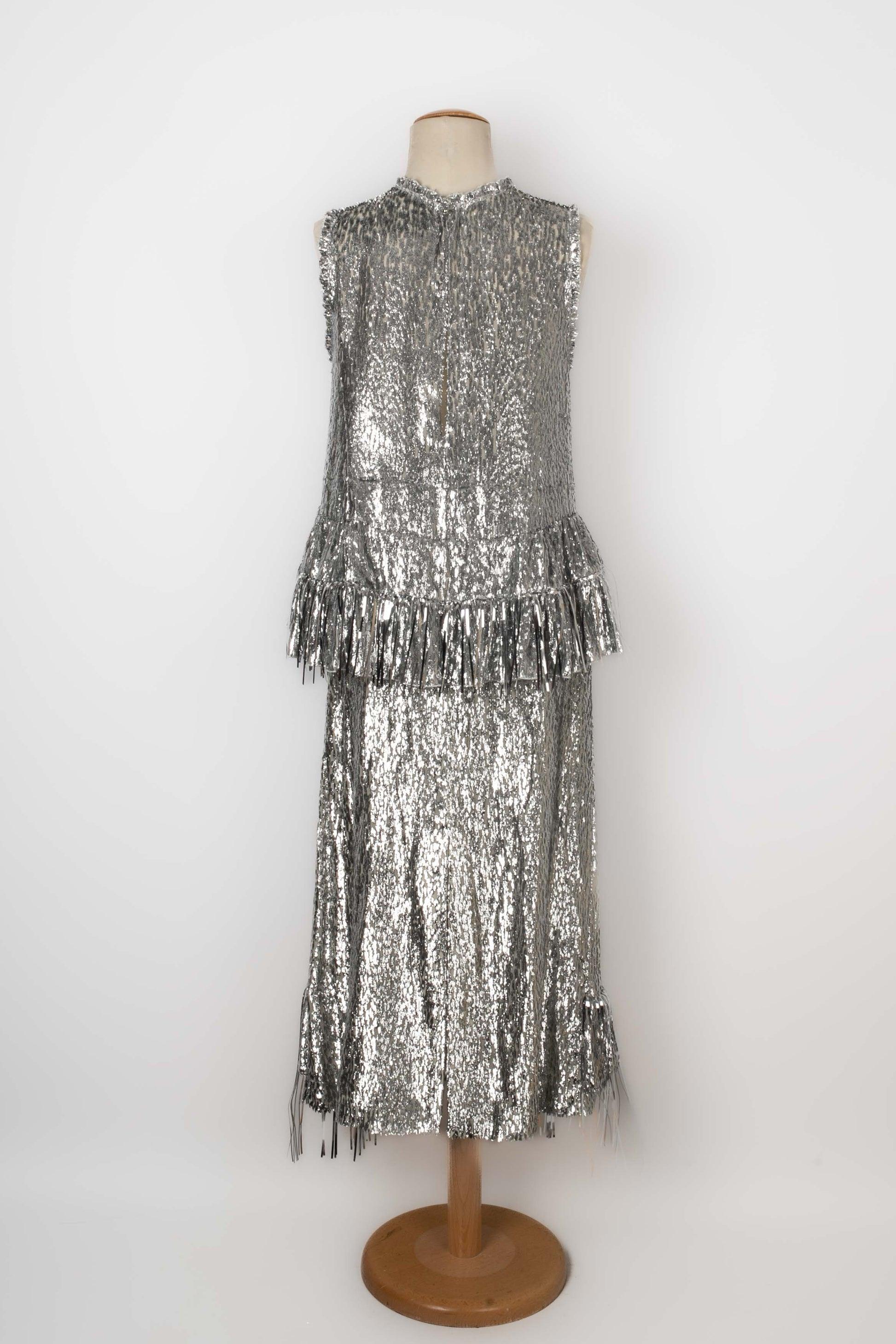 Gray Paco Rabanne Set Composed of a Long Sleeveless Top and a Long Silvery Skirt For Sale