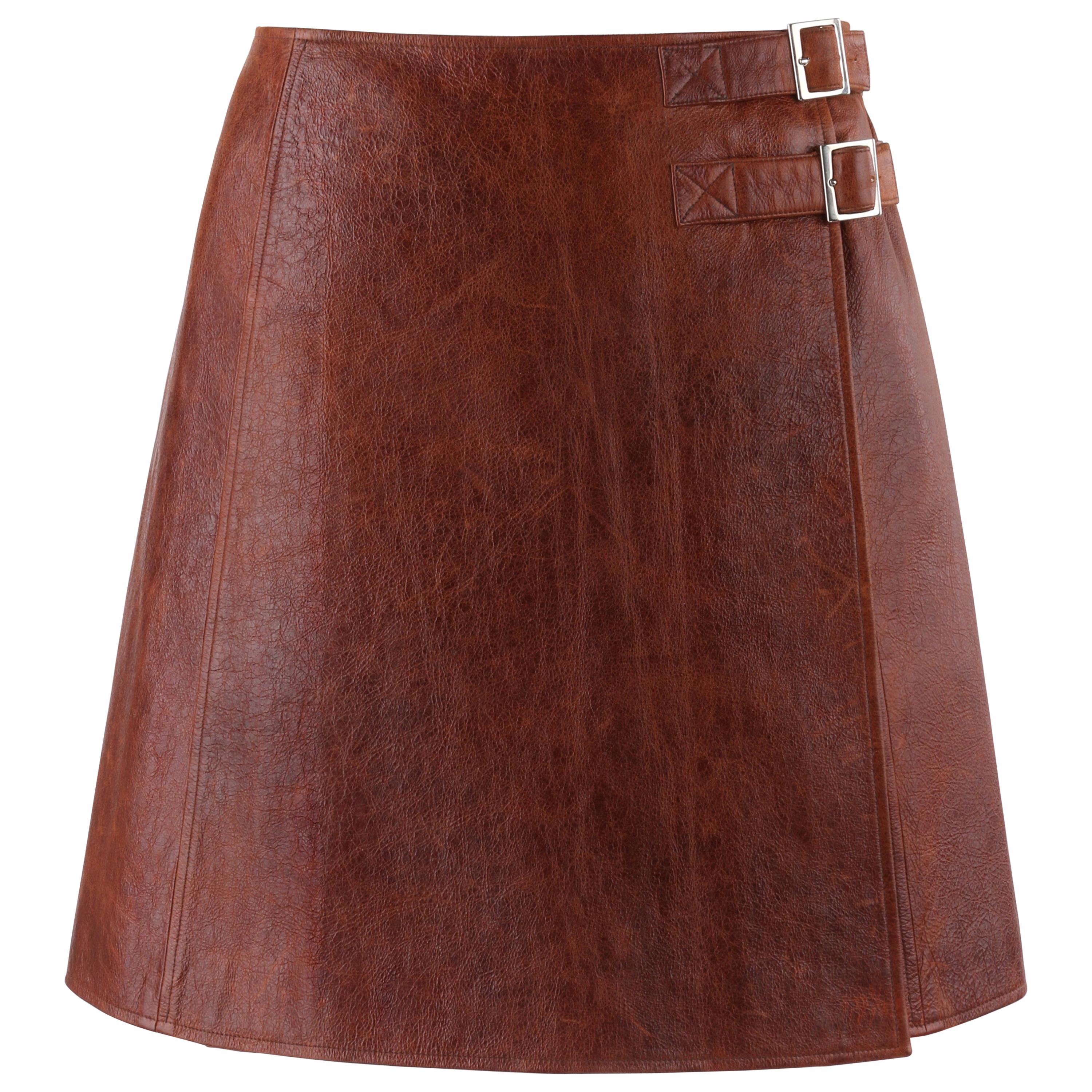 PACO RABANNE Sienna Brown Lamb Leather Dual Buckle A-Line Wrap Skirt