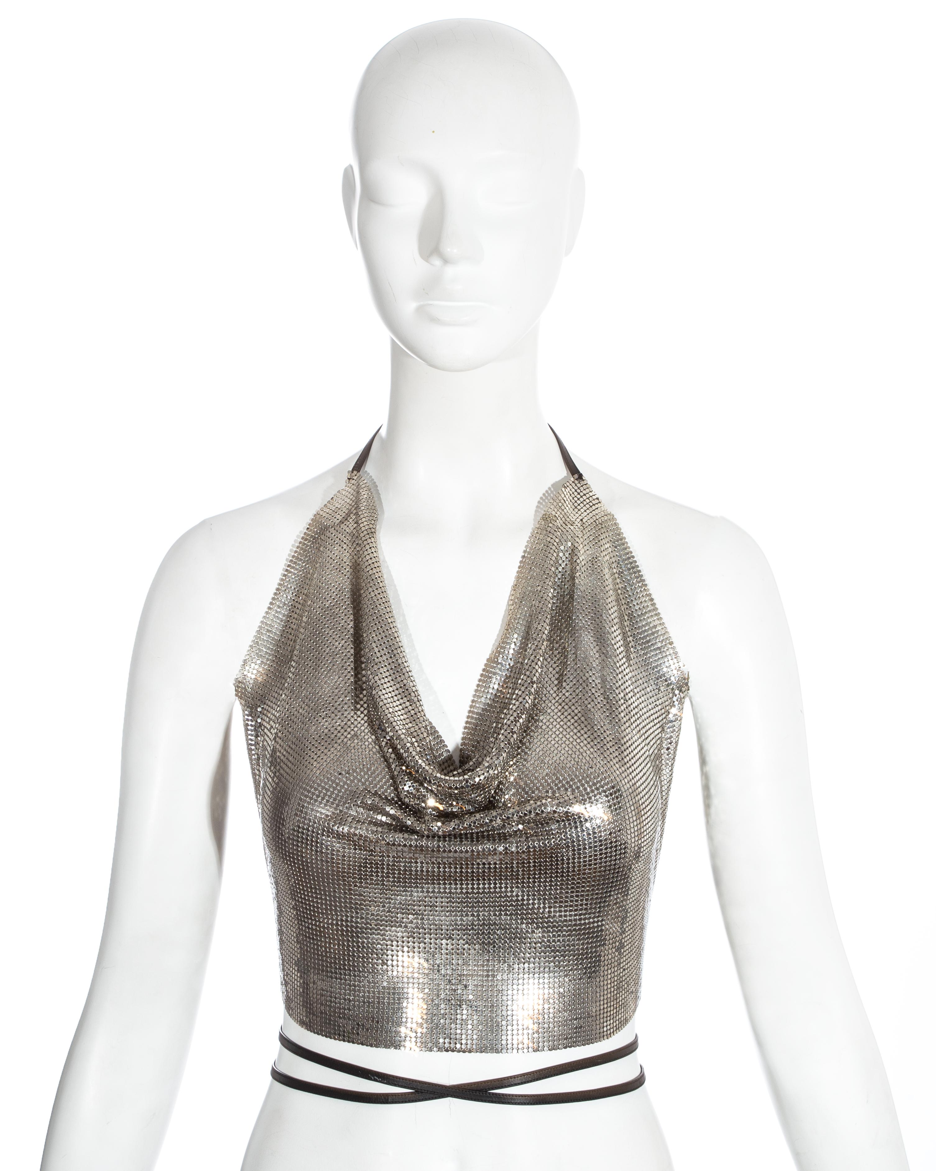 Paco Rabanne silver metal mesh chainmail halter neck vest with leather straps, c. 1960s