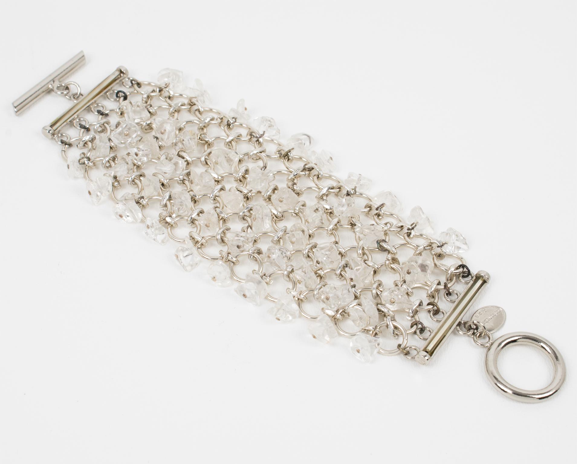 Modernist Paco Rabanne Silvered Metal and Quartz Link Bracelet For Sale