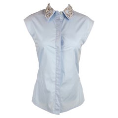 PACO RABANNE Size 2 Light Blue Poplin Cotton Beaded Collar Blouse