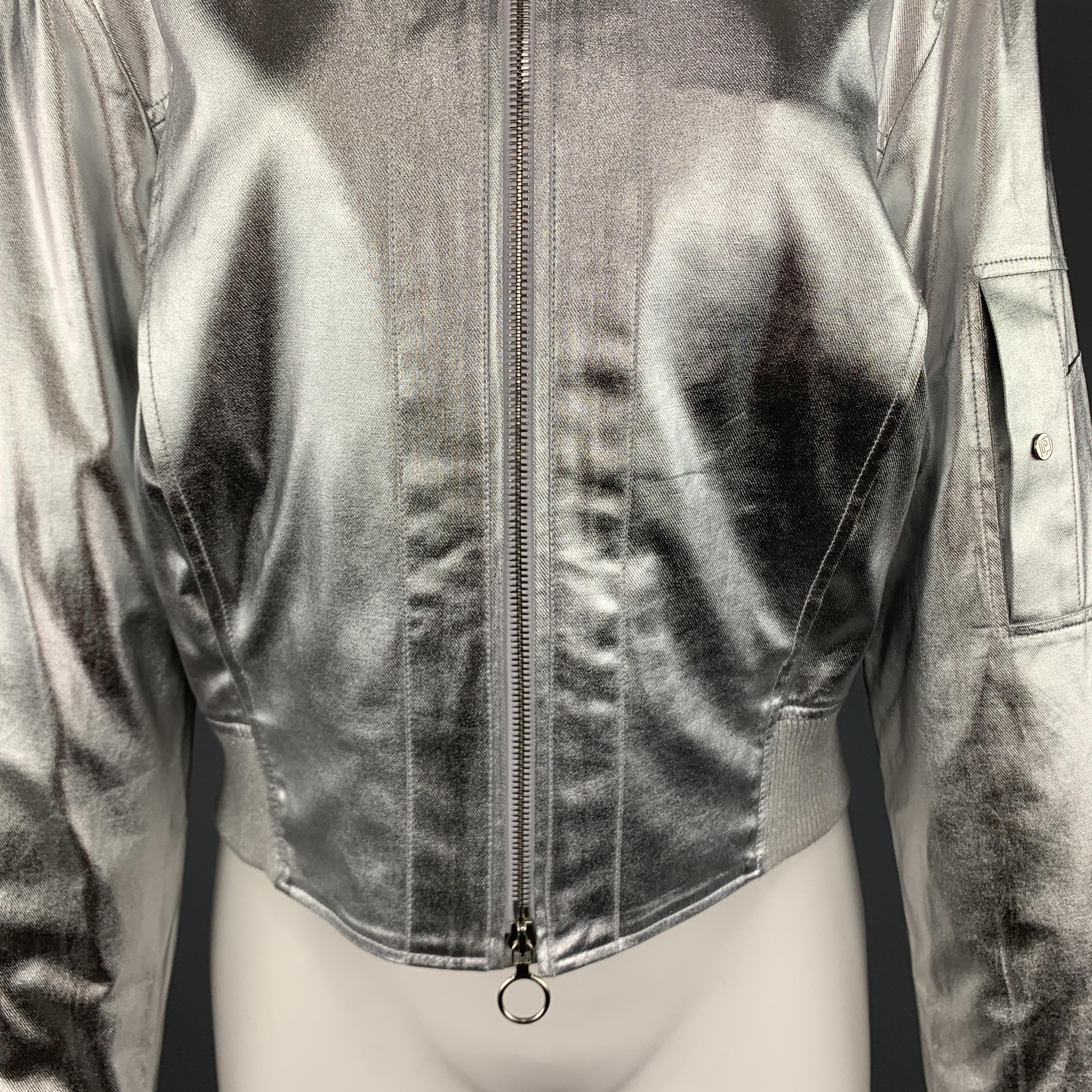 PACO RABANNE Size 2 Silver Coated Metallic Viscose Bomber Jacket In New Condition In San Francisco, CA