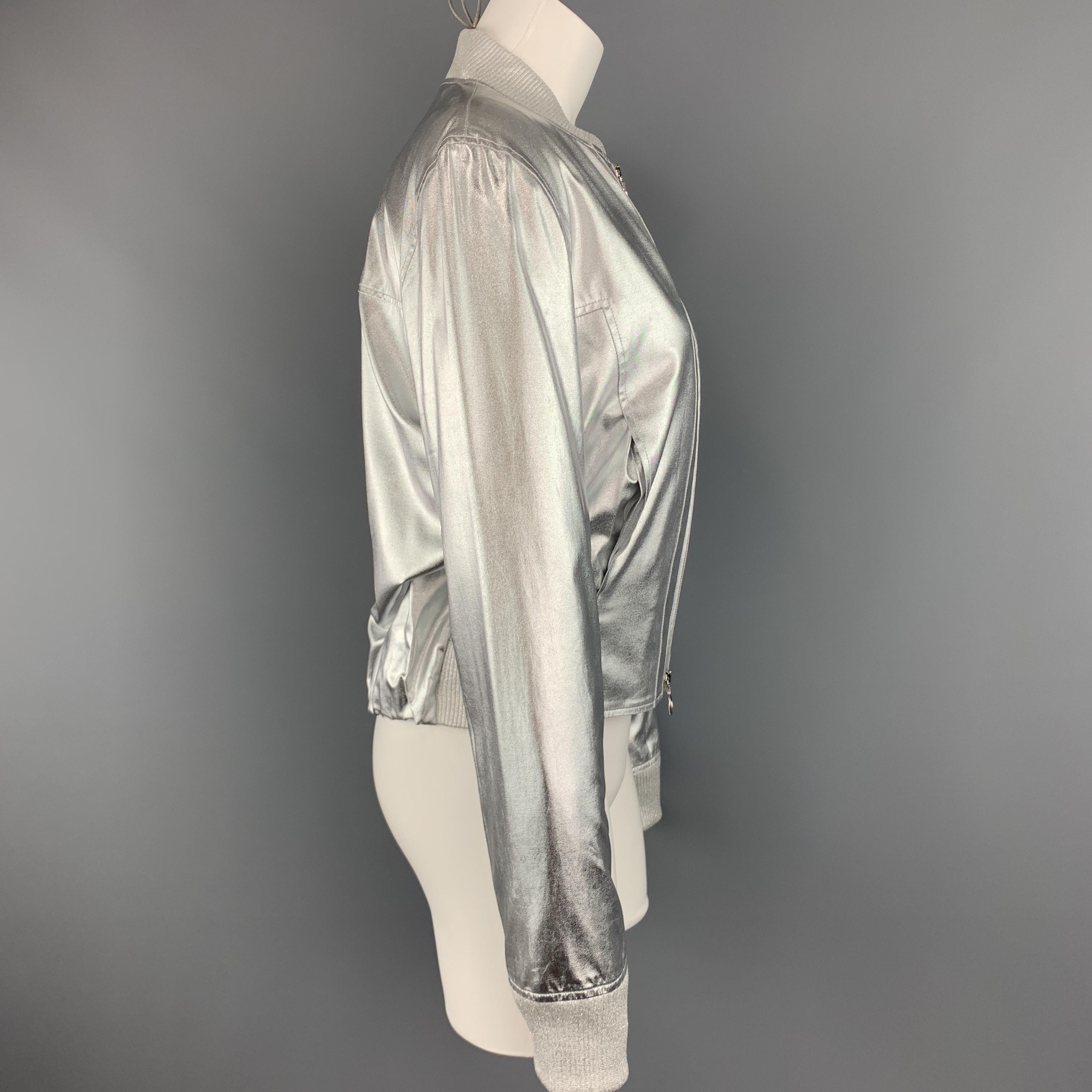 PACO RABANNE Size 2 Silver Coated Metallic Viscose Bomber Jacket 1