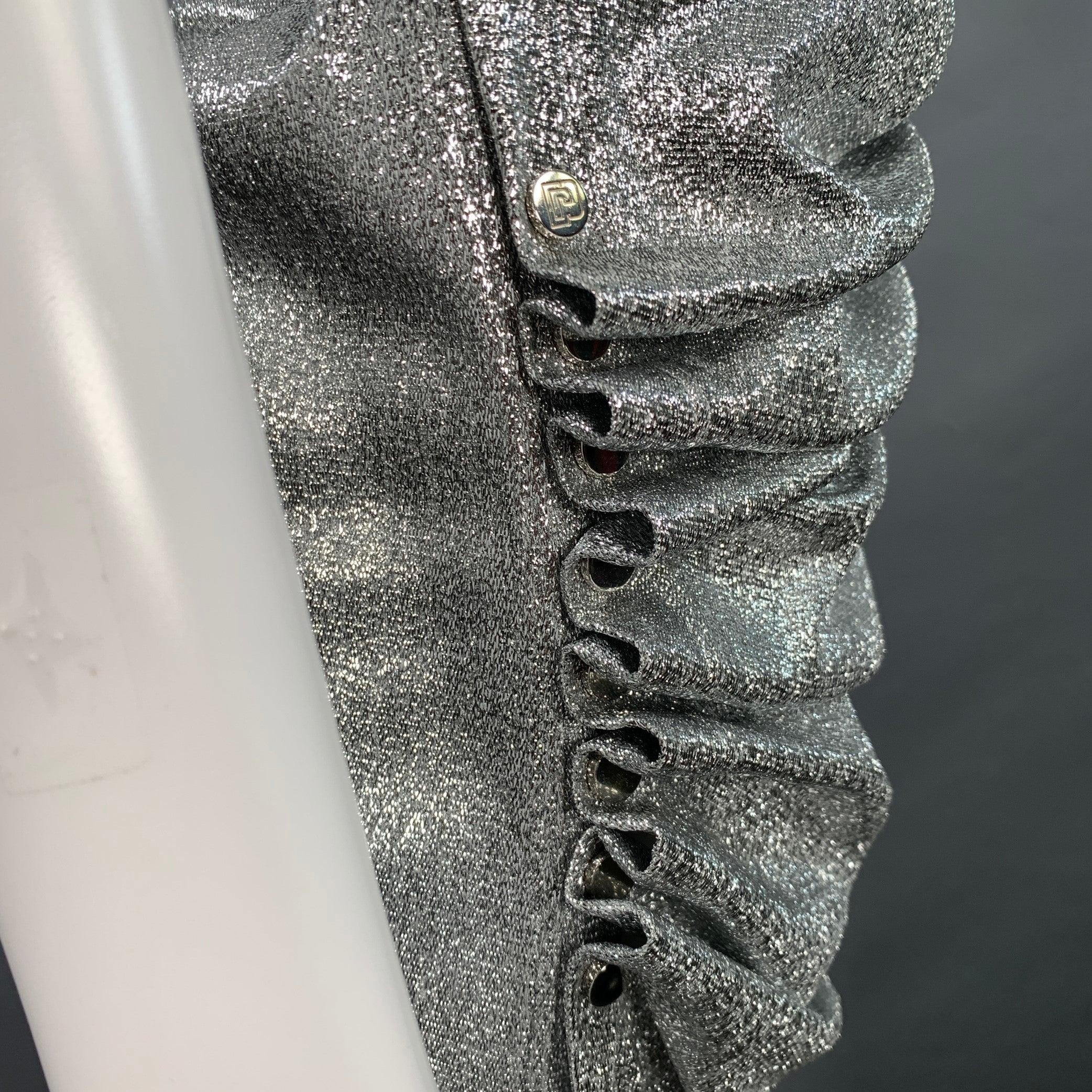 PACO RABANNE Size 4 Silver Viscose Blend Cap Sleeves Asymmetrical Midi Cocktail Dress In Good Condition For Sale In San Francisco, CA