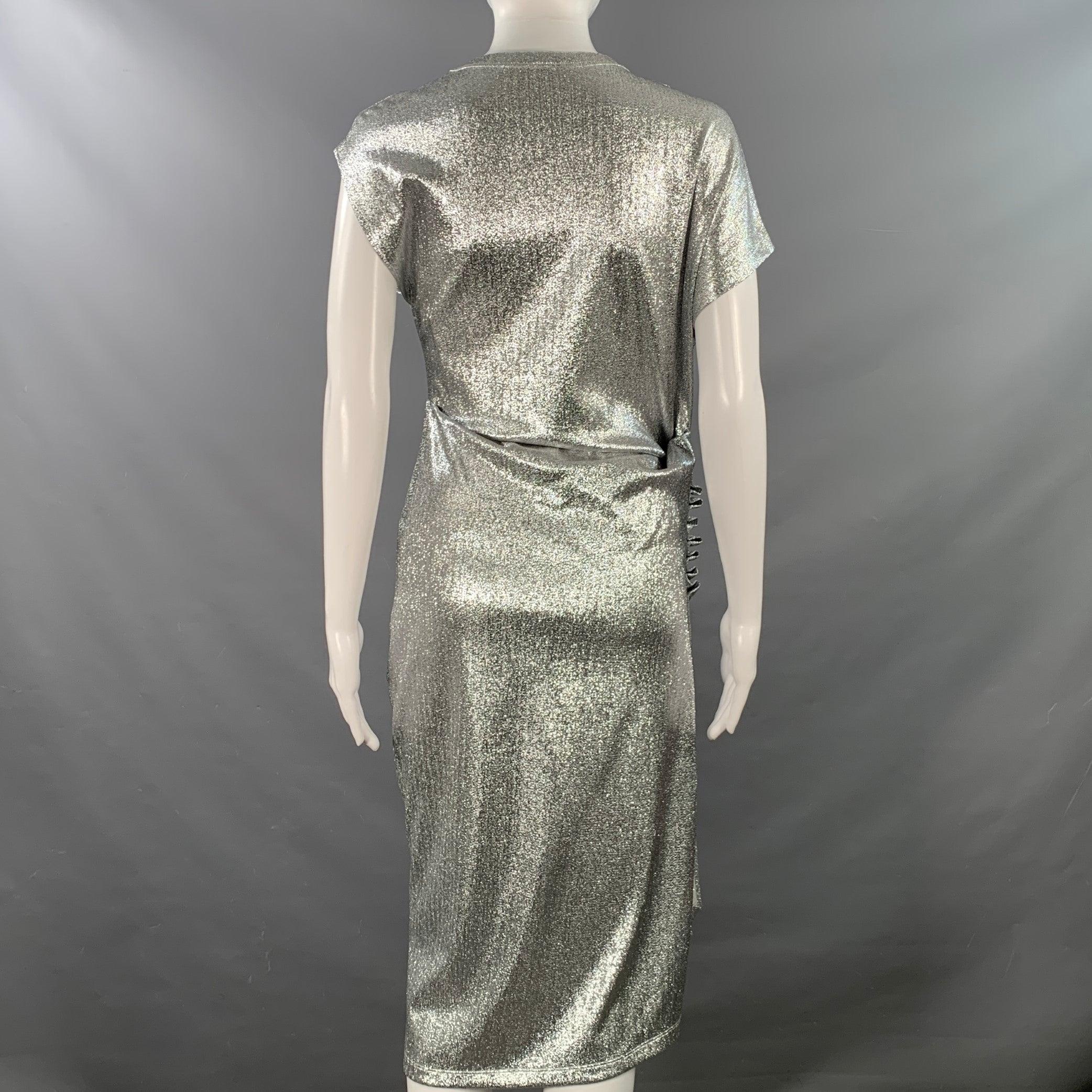 Women's PACO RABANNE Size 4 Silver Viscose Blend Cap Sleeves Asymmetrical Midi Cocktail Dress For Sale