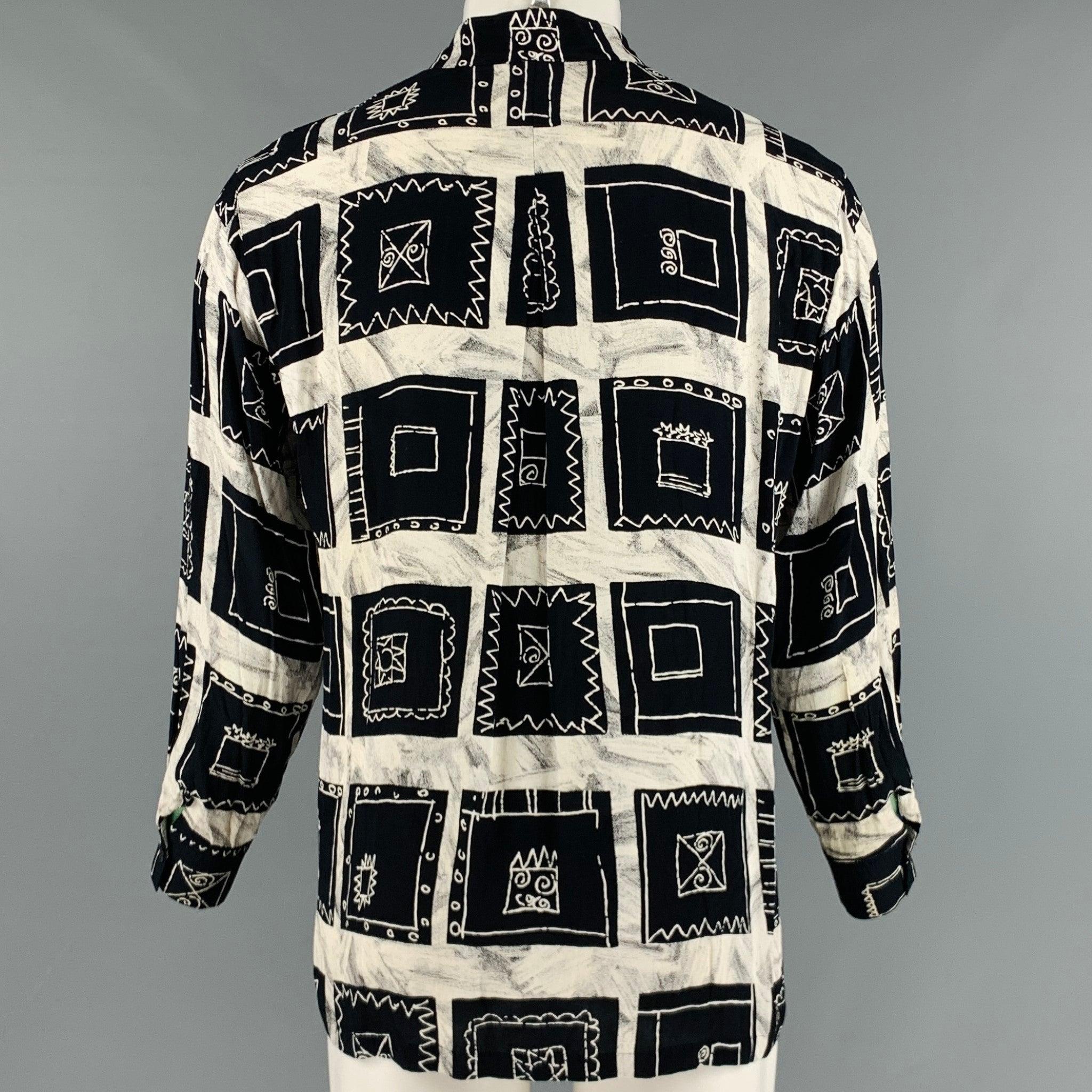 Men's PACO RABANNE Size M Black Cream Squares Rayon Long Sleeve Shirt For Sale