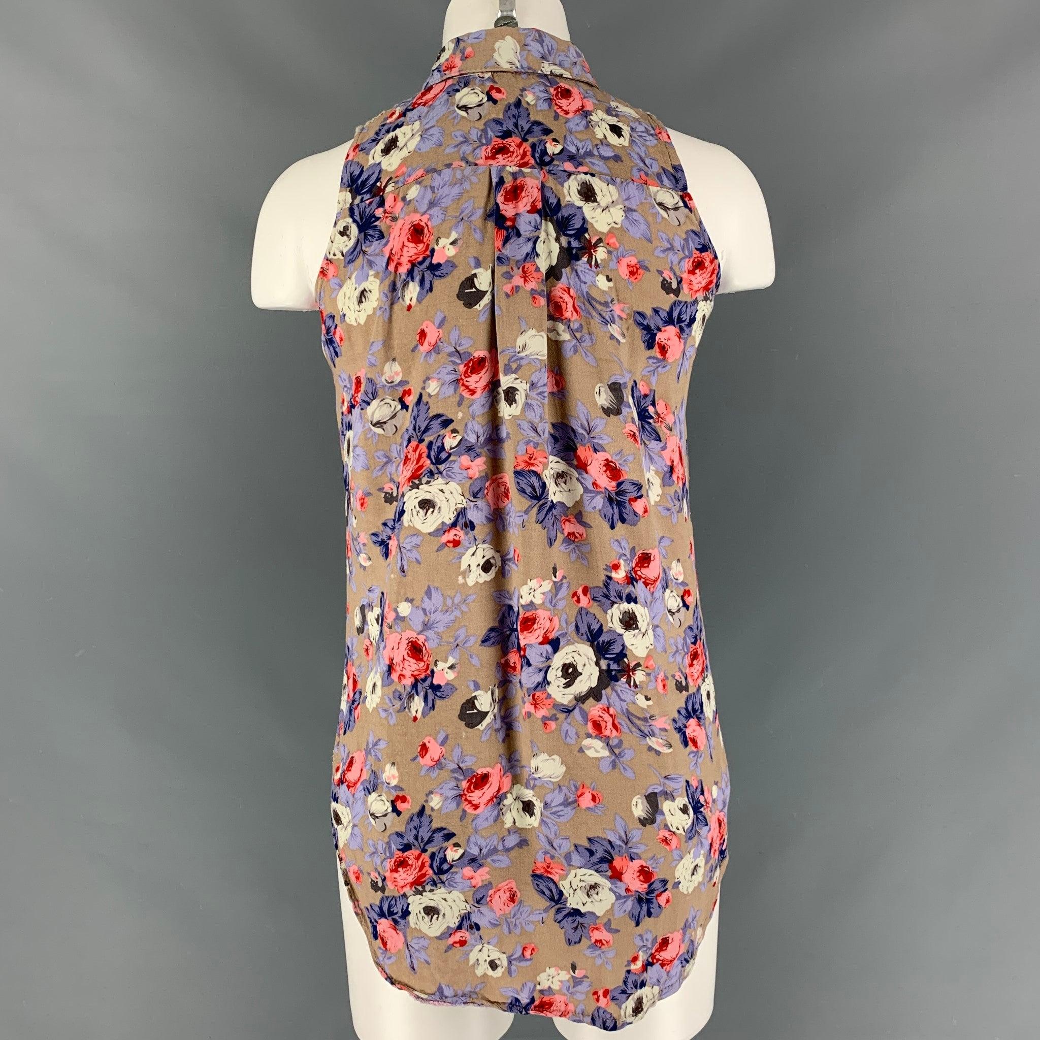 PACO RABANNE Size S Taupe Purple Floral Sleeveless Blouse In Good Condition For Sale In San Francisco, CA