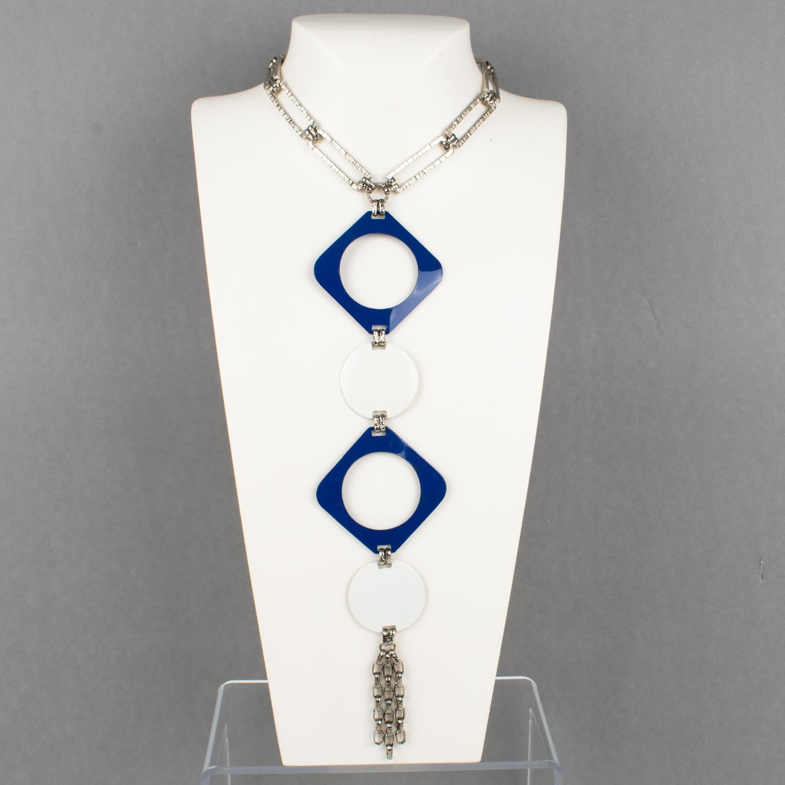 Modernist Paco Rabanne Style Space Age Collar Necklace with Blue and White Enamel, 1960s For Sale