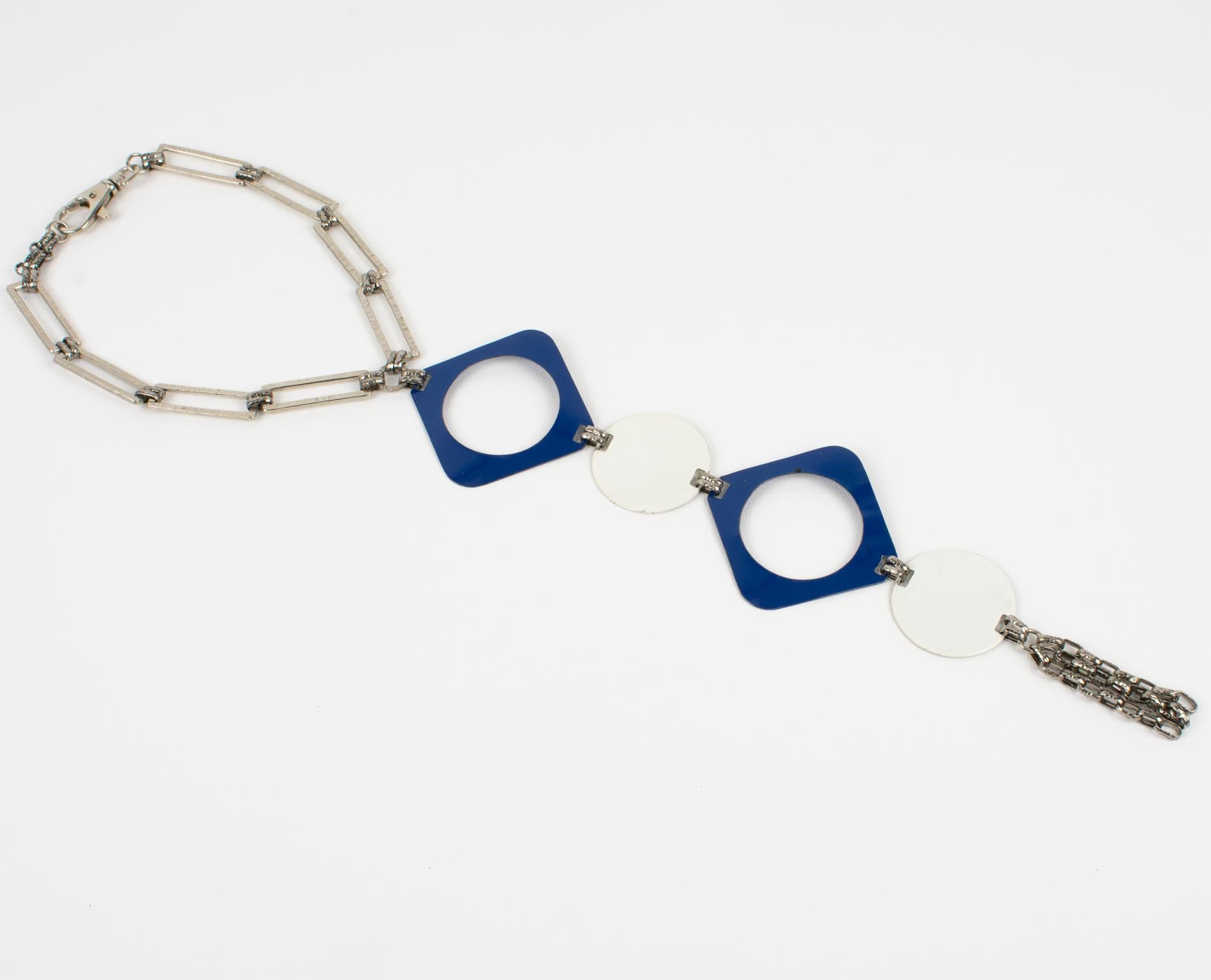 Women's or Men's Paco Rabanne Style Space Age Collar Necklace with Blue and White Enamel, 1960s For Sale
