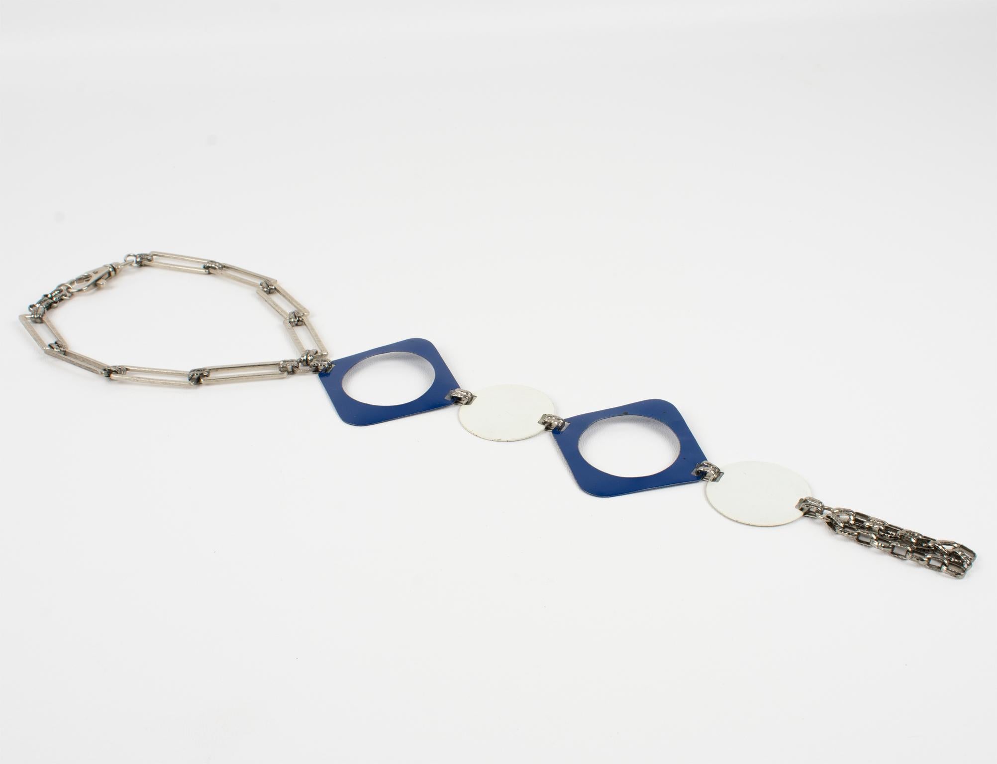 Paco Rabanne Style Space Age Collar Necklace with Blue and White Enamel, 1960s For Sale 1