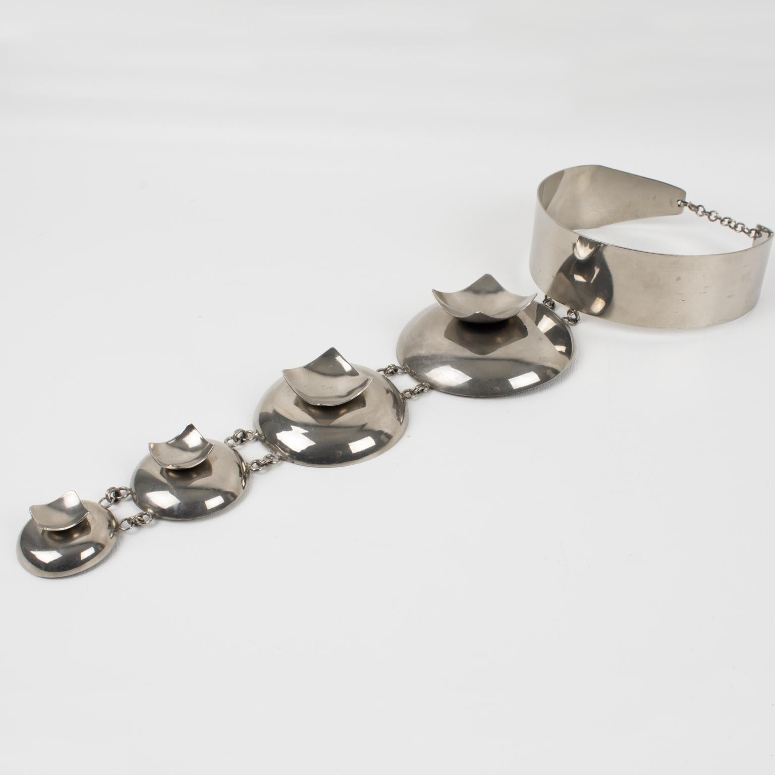 Paco Rabanne Style Space Age Futuristic Chrome Collar Pendant Necklace 8