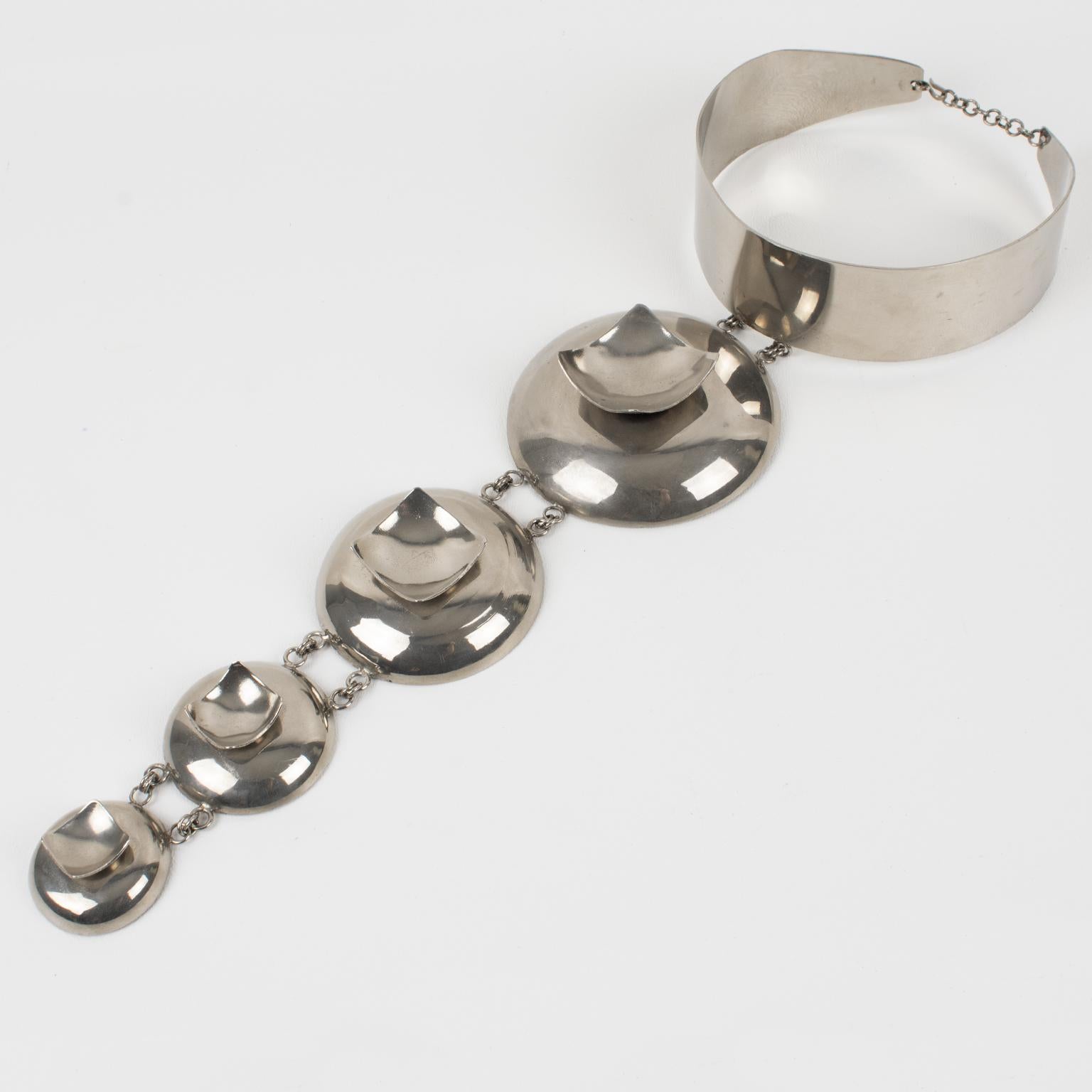 Paco Rabanne Style Space Age Futuristic Chrome Collar Pendant Necklace 9