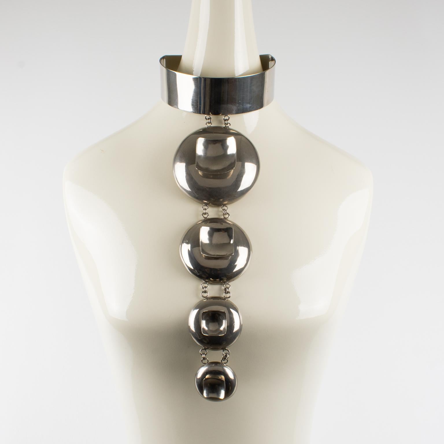 Modernist Paco Rabanne Style Space Age Futuristic Chrome Collar Pendant Necklace