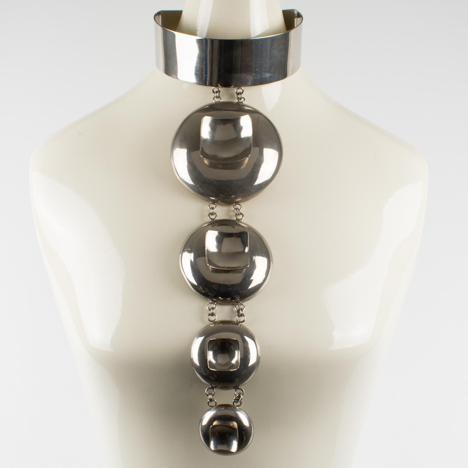 Paco Rabanne Style Space Age Futuristic Chrome Collar Pendant Necklace In Good Condition In Atlanta, GA