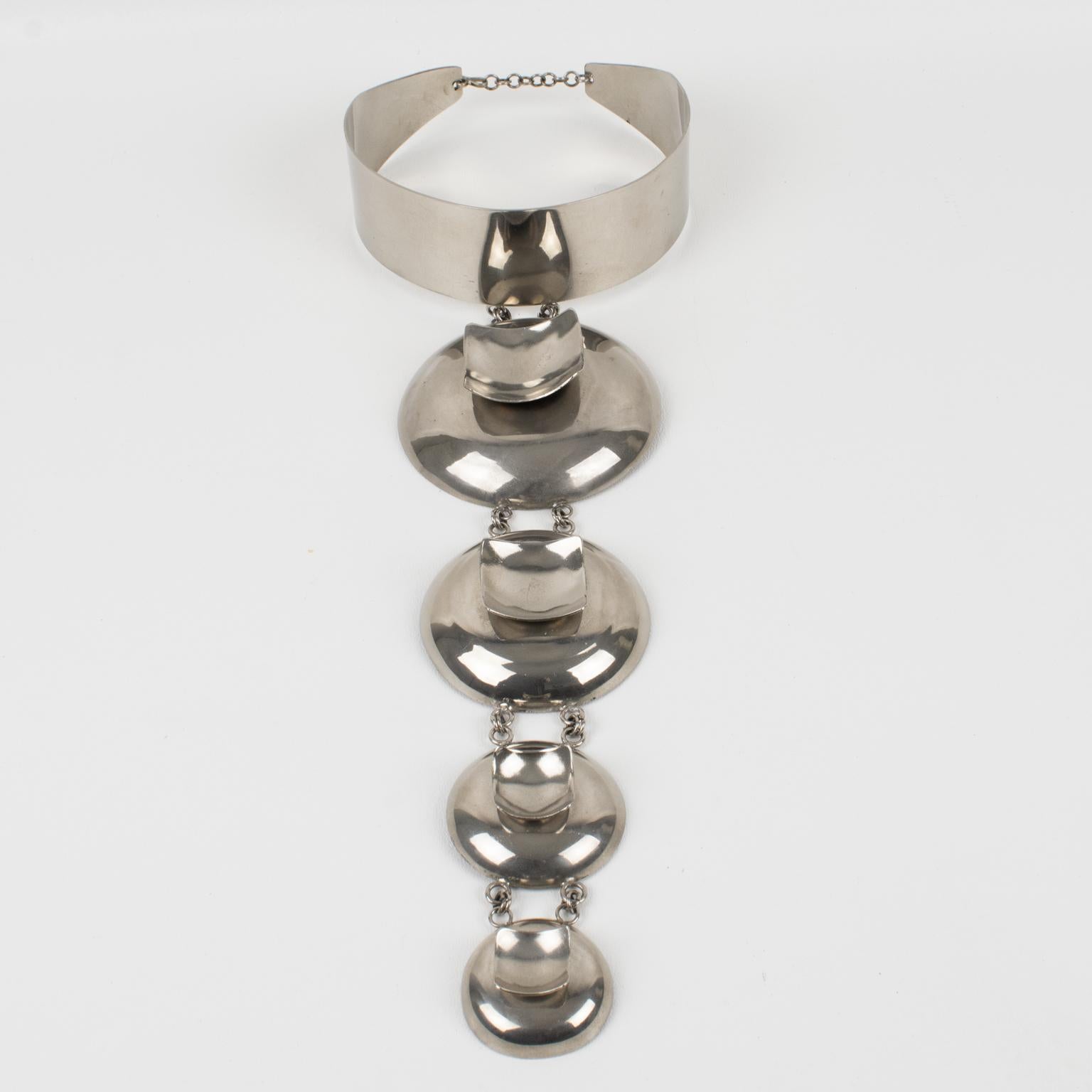 Women's or Men's Paco Rabanne Style Space Age Futuristic Chrome Collar Pendant Necklace