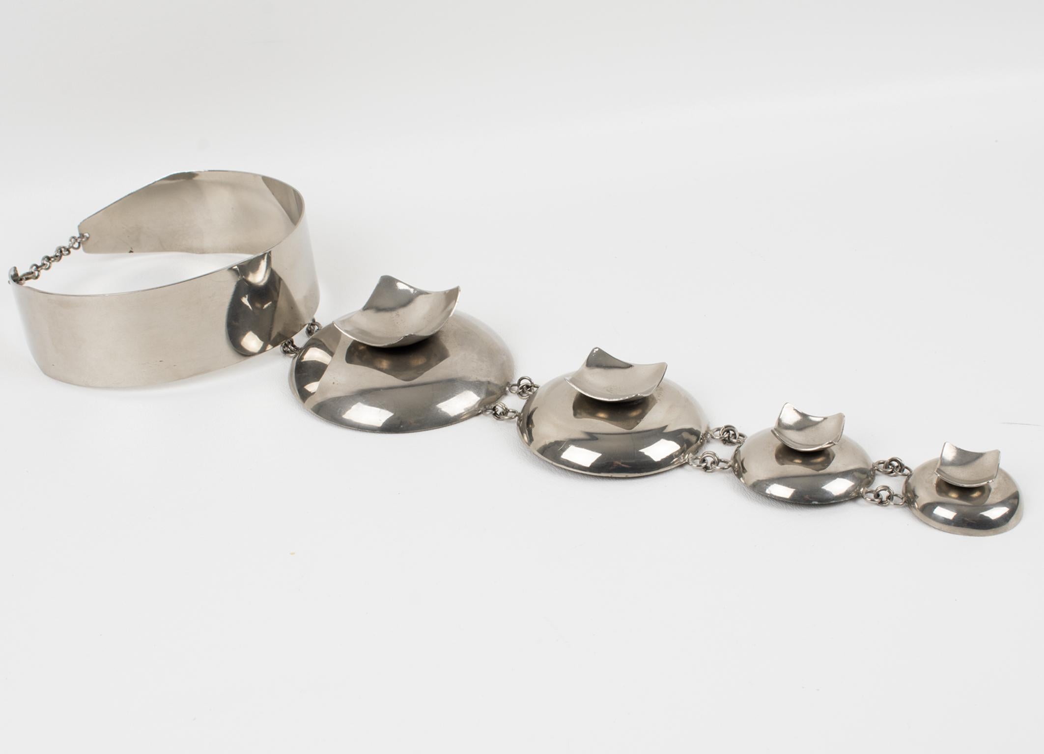 Paco Rabanne Style Space Age Futuristic Chrome Collar Pendant Necklace 1