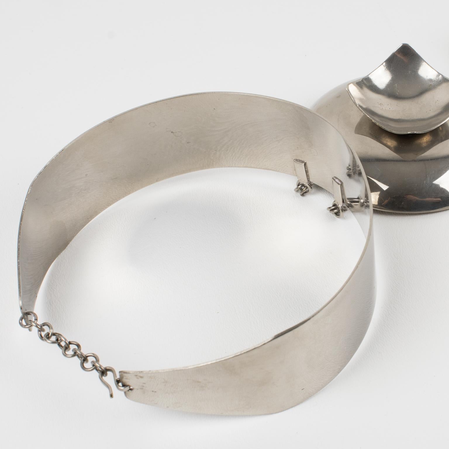 Paco Rabanne Style Space Age Futuristic Chrome Collar Pendant Necklace 2