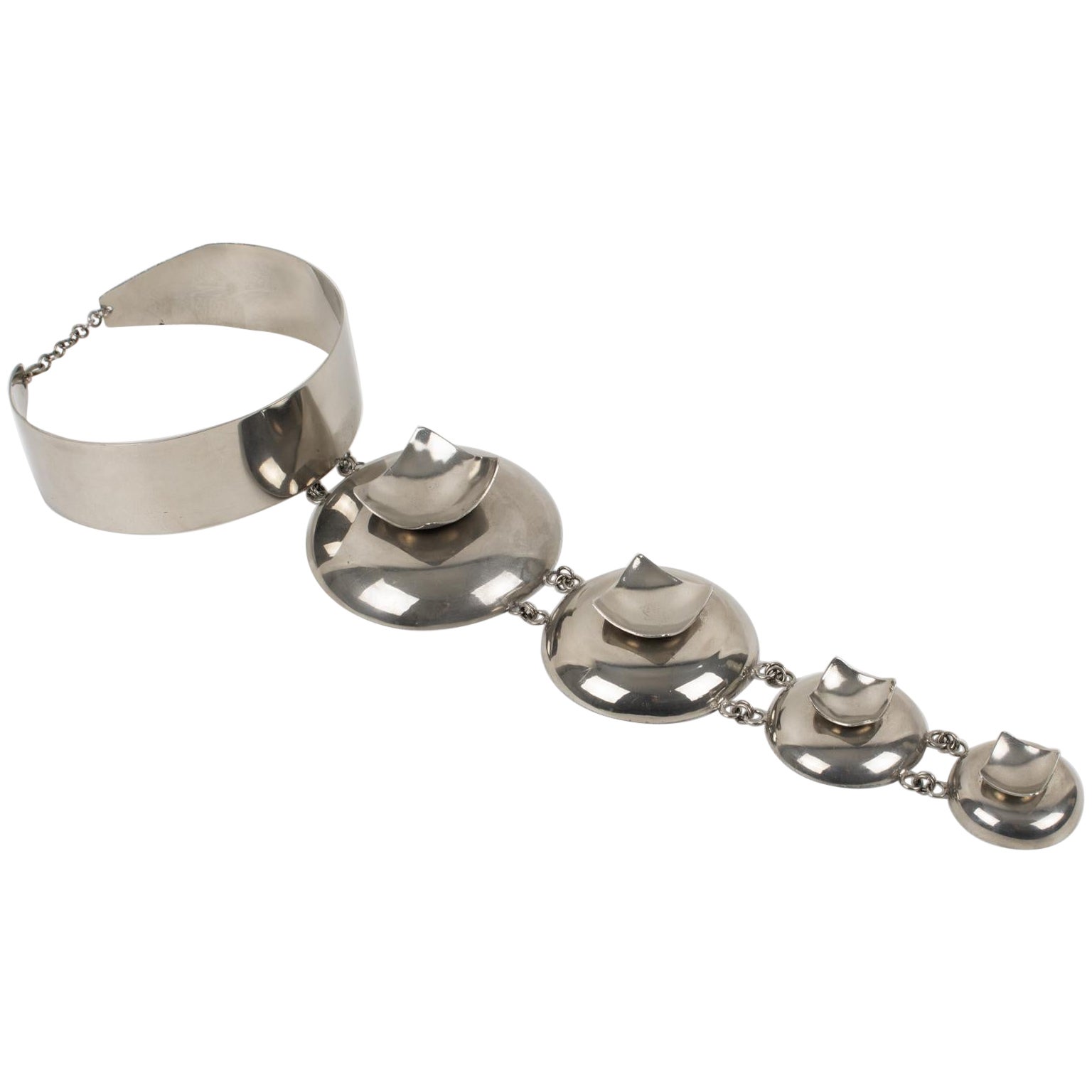 Paco Rabanne Style Space Age Futuristic Chrome Collar Pendant Necklace
