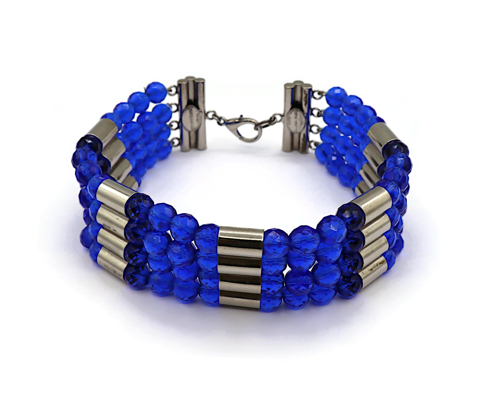 PACO RABANNE Vintage Electric Blue Bead & Silver Tone Metal Choker Necklace In Good Condition For Sale In Nice, FR