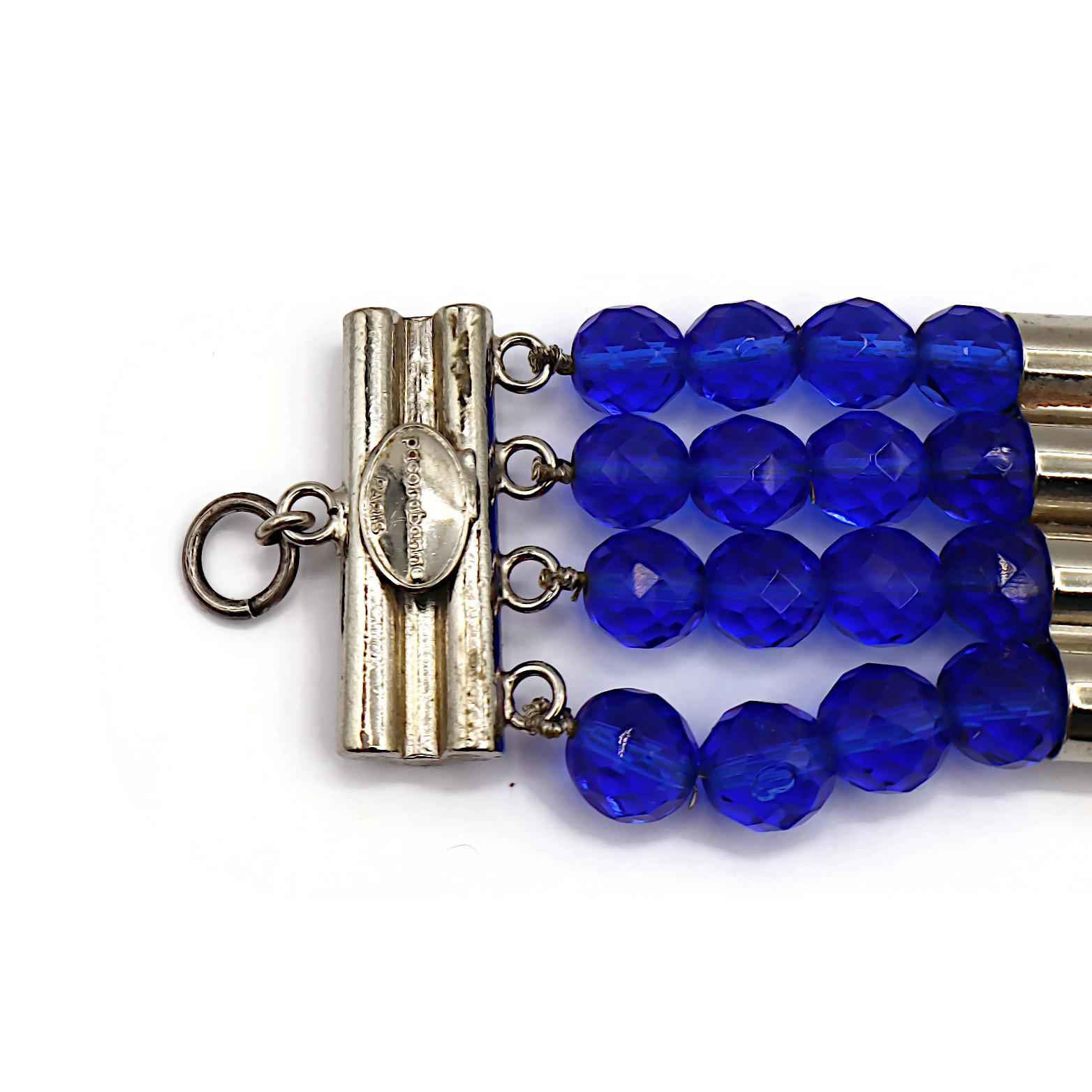 PACO RABANNE Vintage Electric Blue Bead & Silver Tone Metal Choker Necklace For Sale 6
