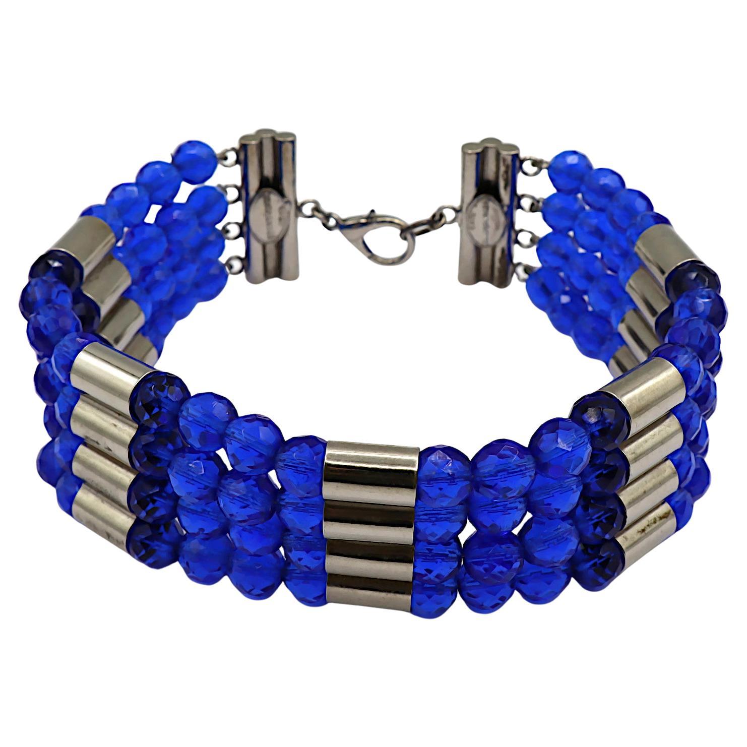 PACO RABANNE Vintage Electric Blue Bead & Silver Tone Metal Choker Necklace