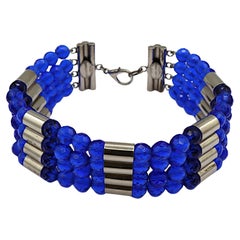 PACO RABANNE Vintage Electric Blue Bead & Silver Tone Metal Choker Necklace