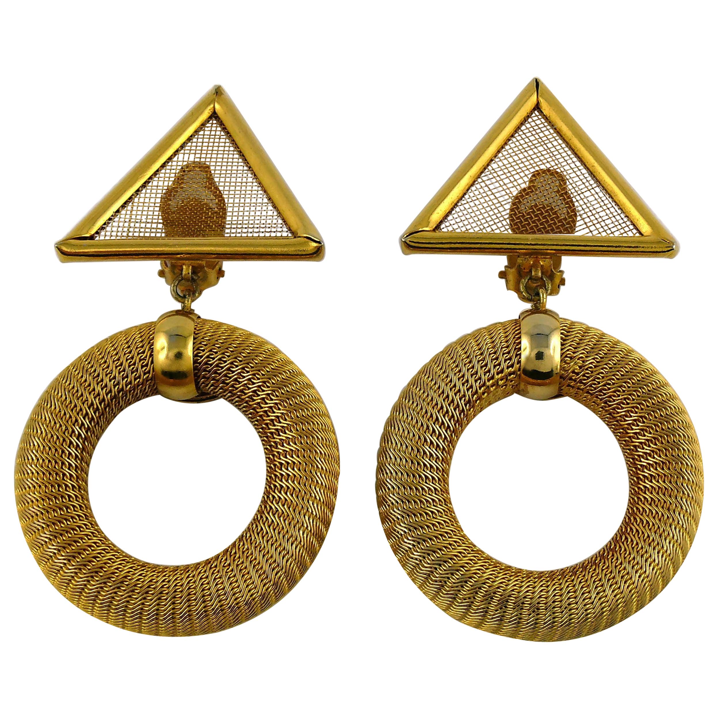 Paco Rabanne Vintage Gold Toned Geometric Dangling Earrings For Sale