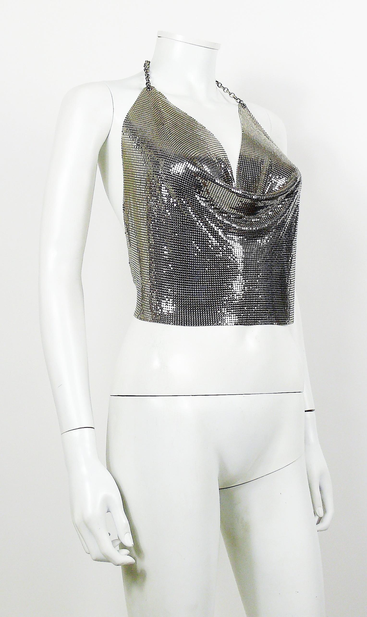 PACO RABANNE vintage polished silver tone metal mesh iconic backless top with draped front.

Metal tag PACO RABANNE Paris.

Indicative measurements taken laid flat : mesh rectangle width approx. 52 cm (20.47 inches) x height approx. 32 cm (12.60