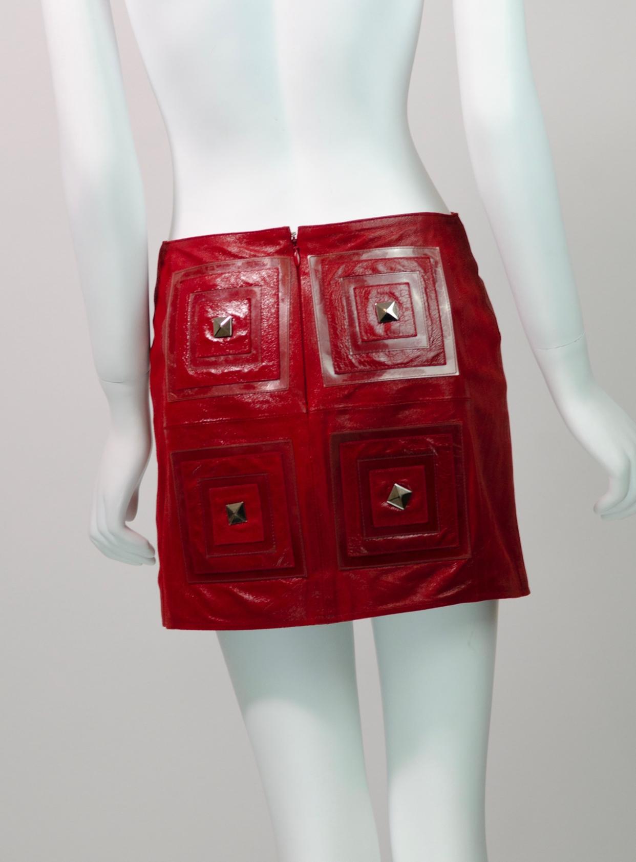 PACO RABANNE Vintage Spring Summer 2002 Red Leather Mini Skirt For Sale