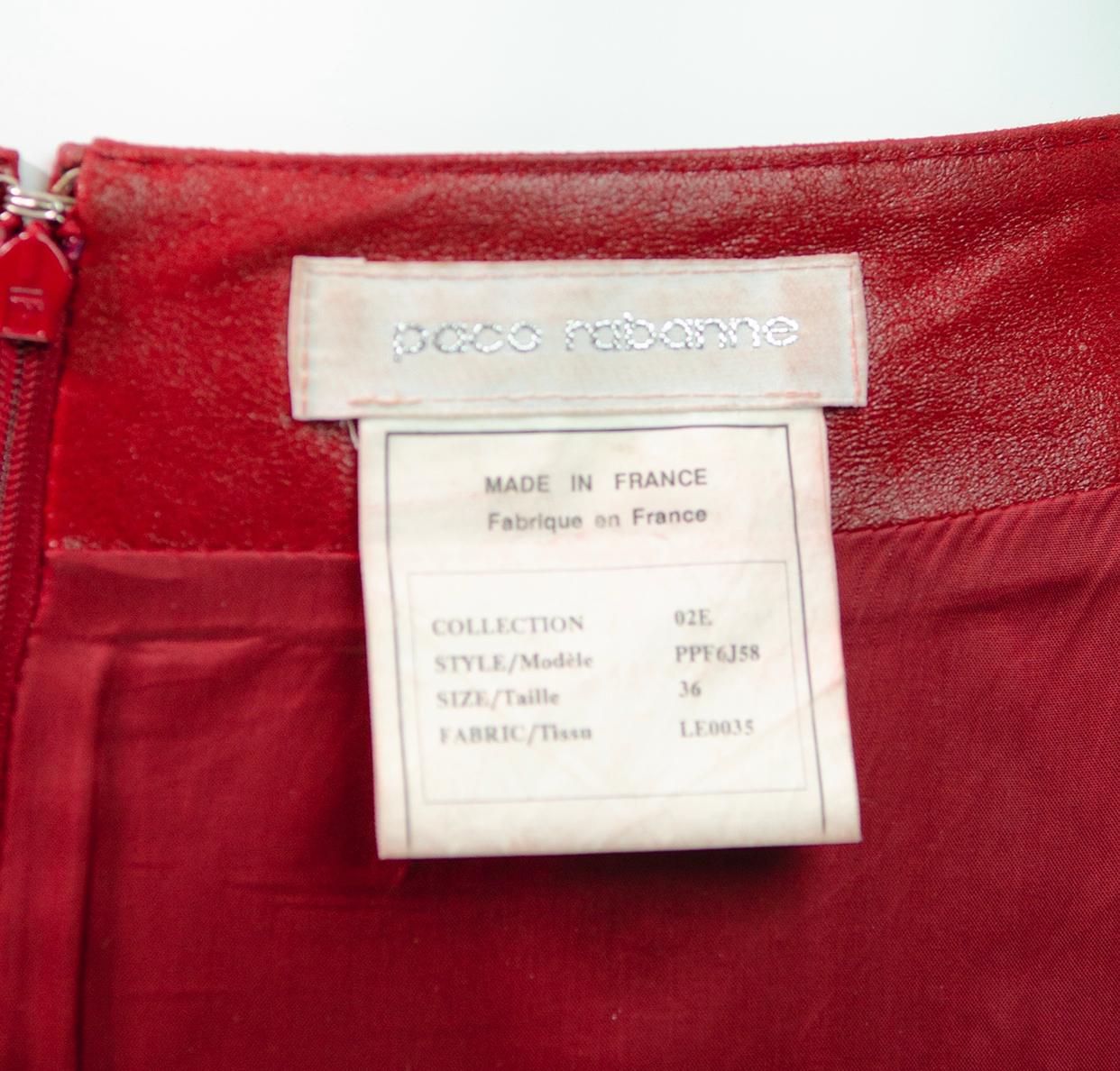 PACO RABANNE Vintage Spring Summer 2002 Red Leather Mini Skirt For Sale 1