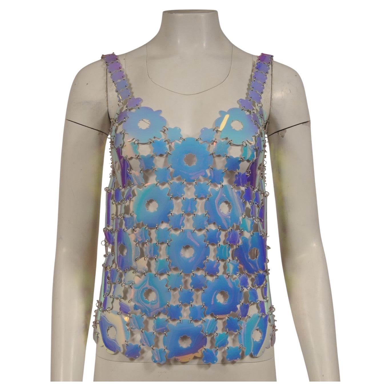 Paco Rabanne Women Daisy Chain Link Top FR 36 US Small Blue Iridiscent Chainmail