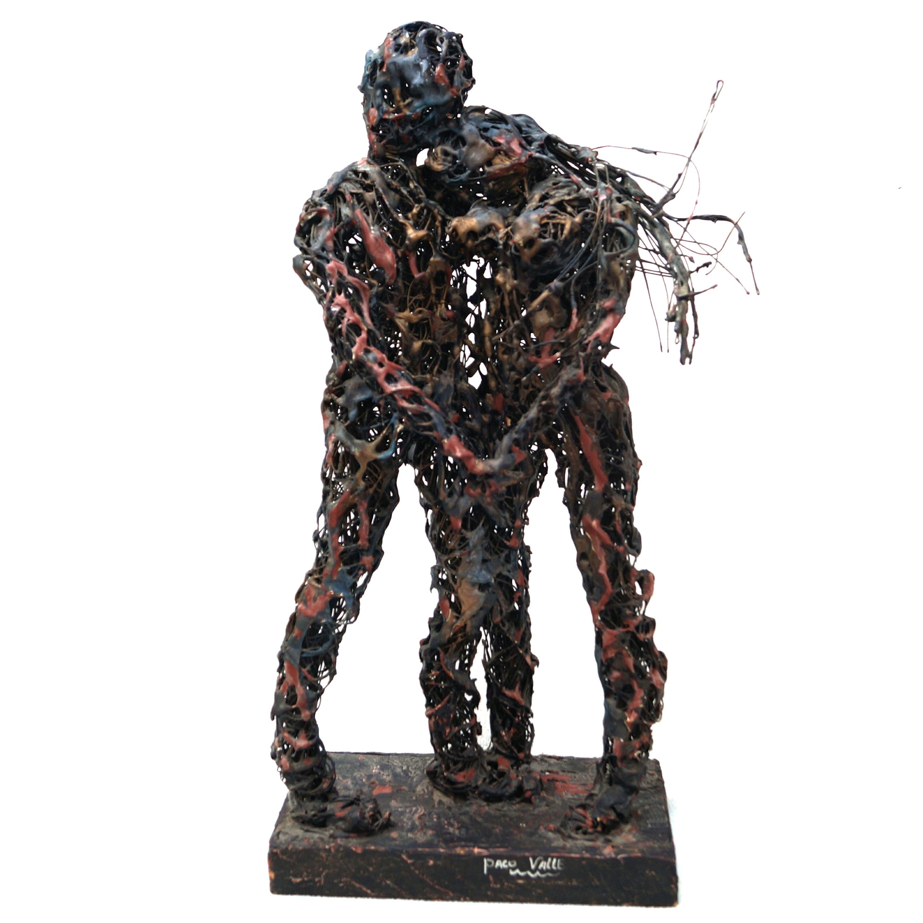 Very Detailed Paco Valle Brutalist Metal Wirework Wire Work Sculpture Of A Man And Woman Lovers . Would go wonderful with both Paul Evans , Cutis C. Jere and Mid Century Modern Decor. It has a wood base