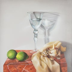 Peinture contemporaine « Still Life with Limes » représentant du verre, des fruits et des bougies