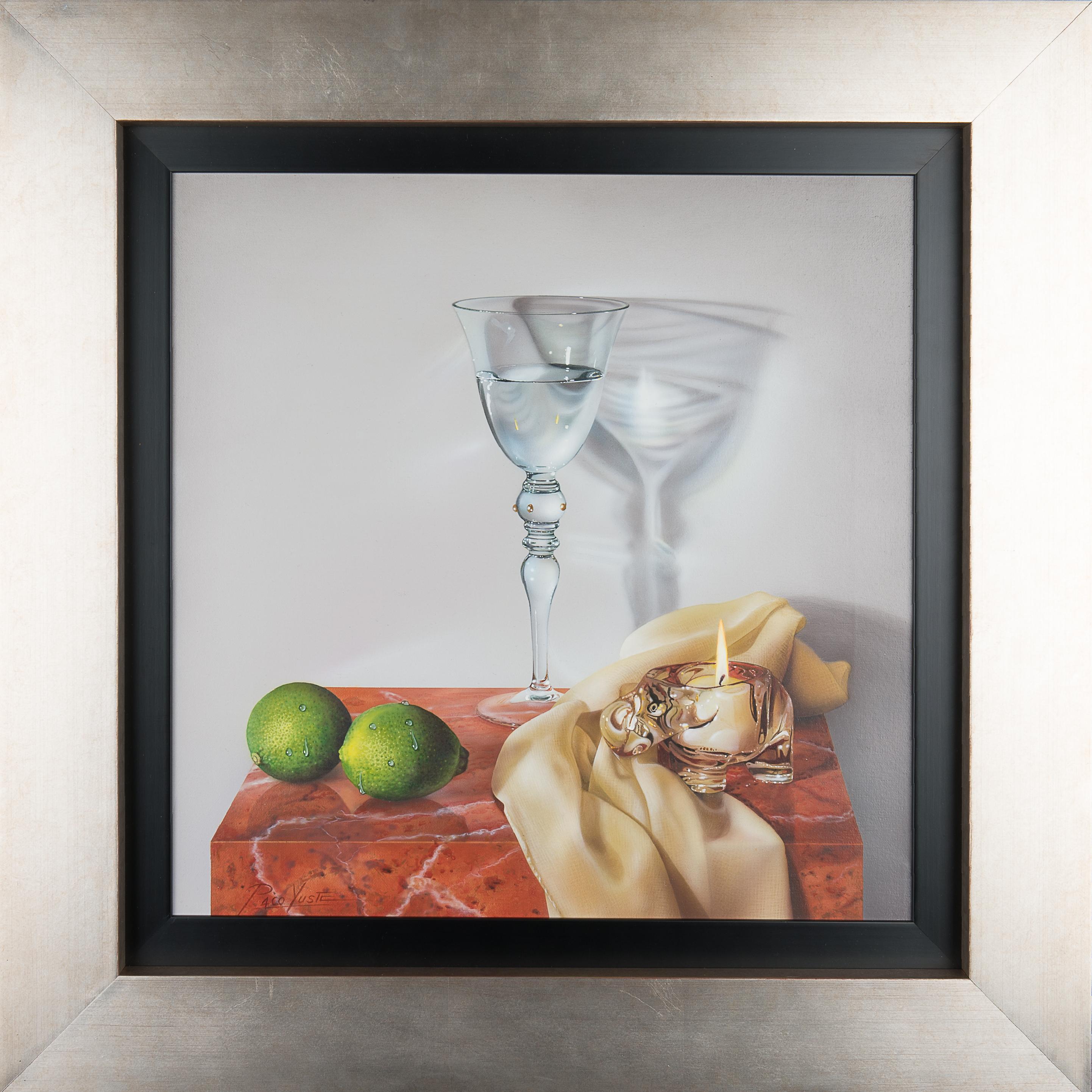 Paco Yuste Still-Life Painting – Zeitgenössisches Gemälde „Stillleben mit Limen“ aus Glas, Früchten und Kerzen