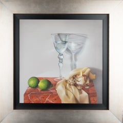 Peinture contemporaine « Still Life with Limes » représentant du verre, des fruits et des bougies