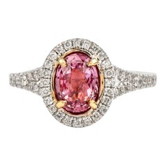 Padaradscha Sapphire Diamond Halo 18 Karat White Gold Ring