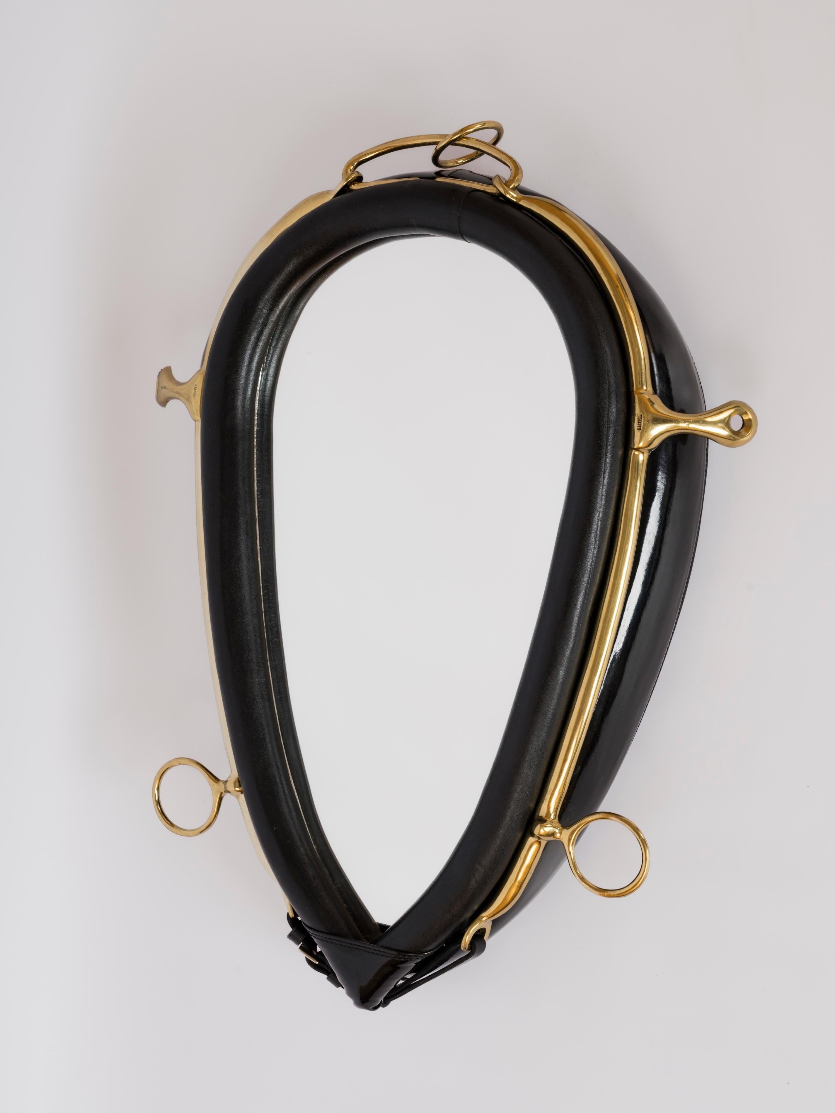 French Padded Black Faux Leather & Brass Equestrian Mirror by Kieffer - France 1970's For Sale