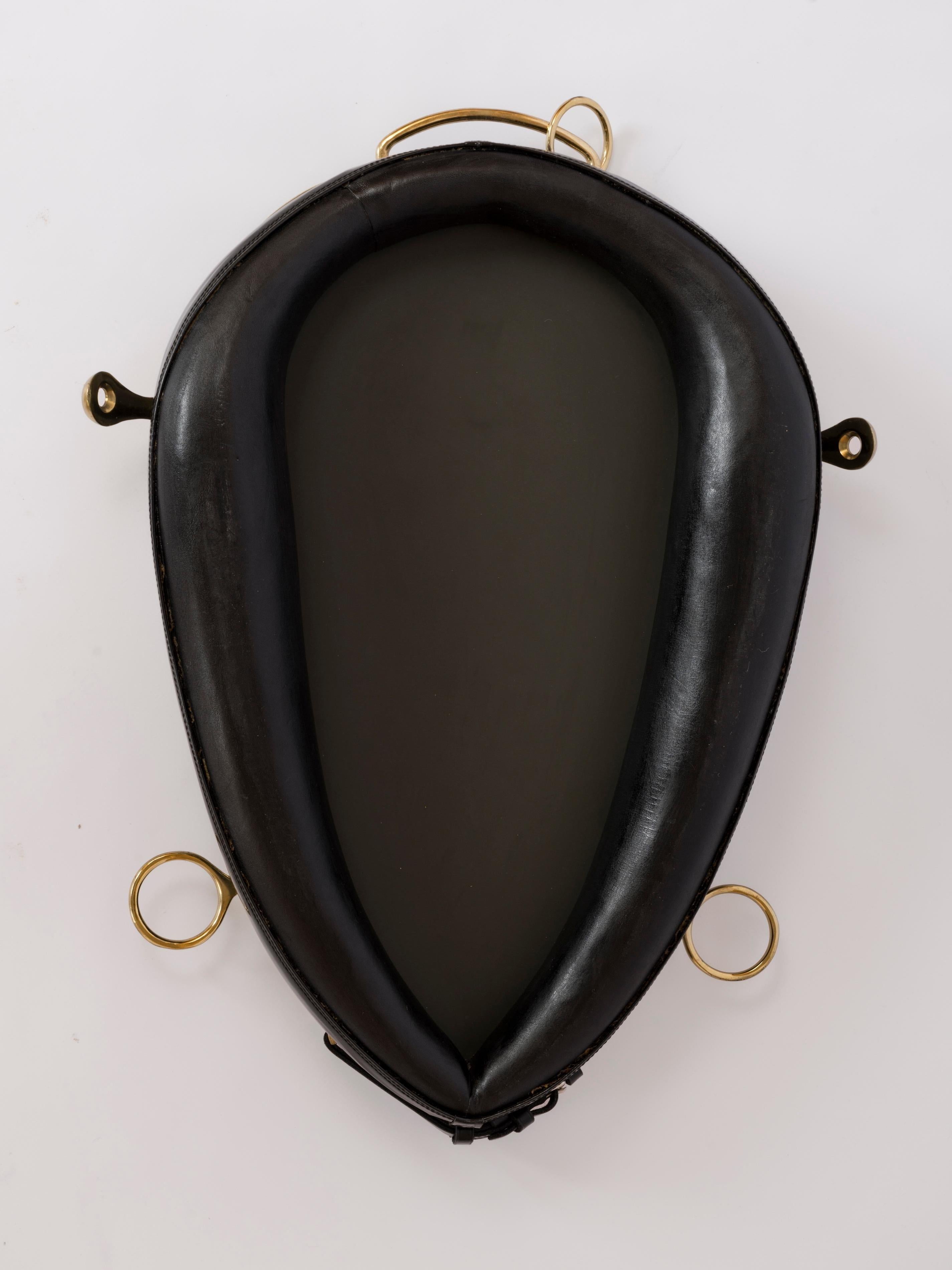 Padded Black Faux Leather & Brass Equestrian Mirror by Kieffer - France 1970's In Good Condition For Sale In New York, NY