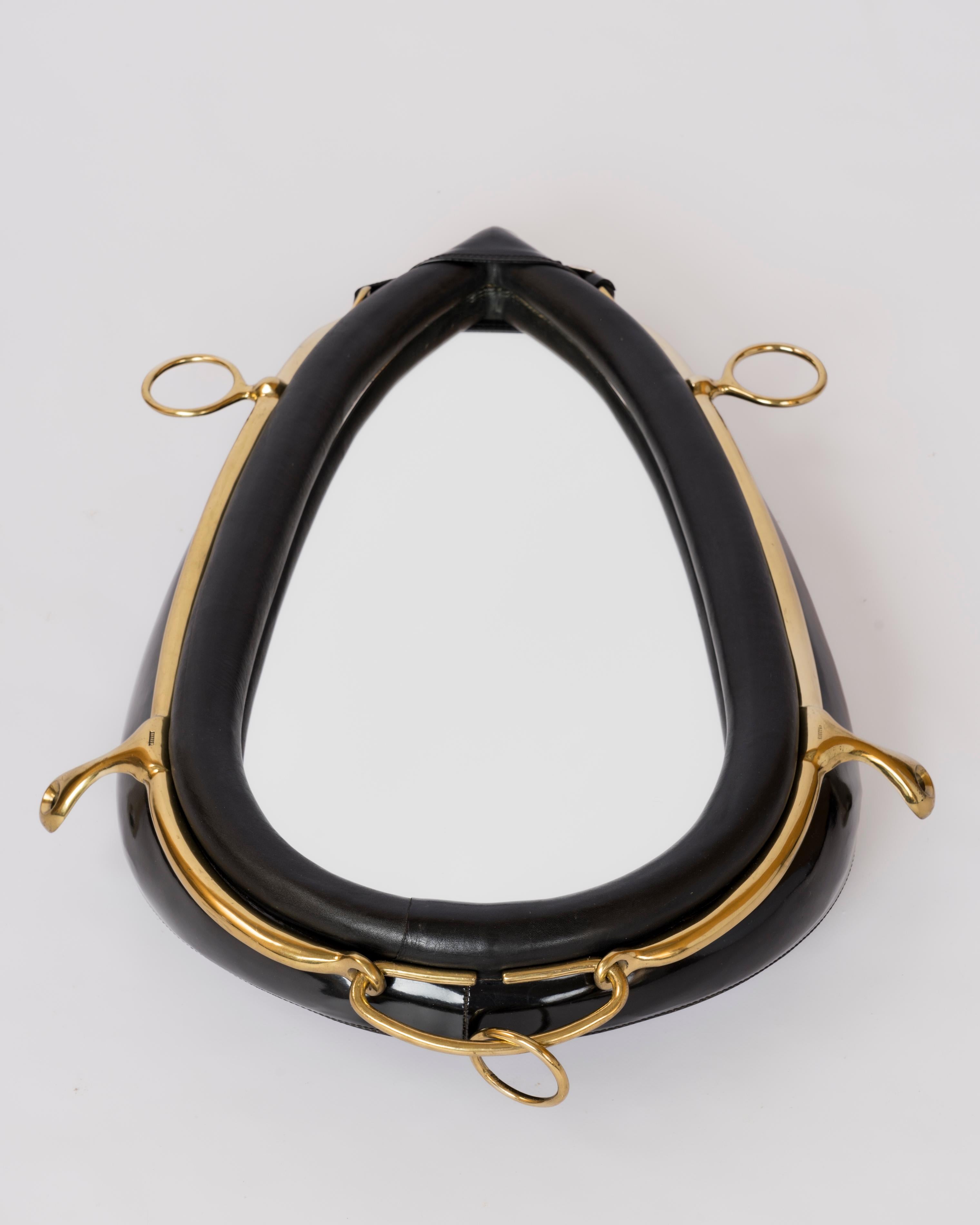 Padded Black Faux Leather & Brass Equestrian Mirror by Kieffer - France 1970's For Sale 2