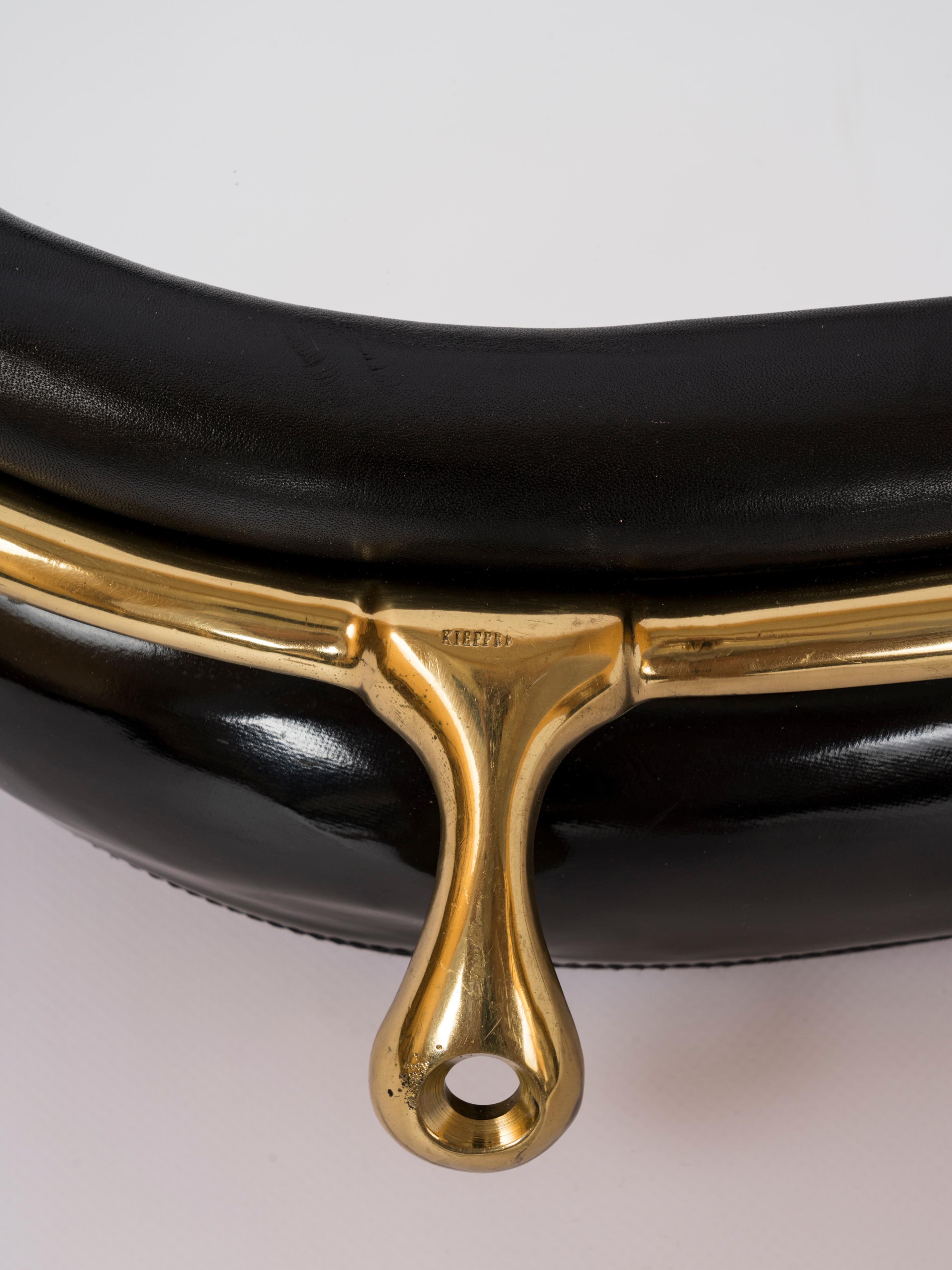 Padded Black Faux Leather & Brass Equestrian Mirror by Kieffer - France 1970's For Sale 3