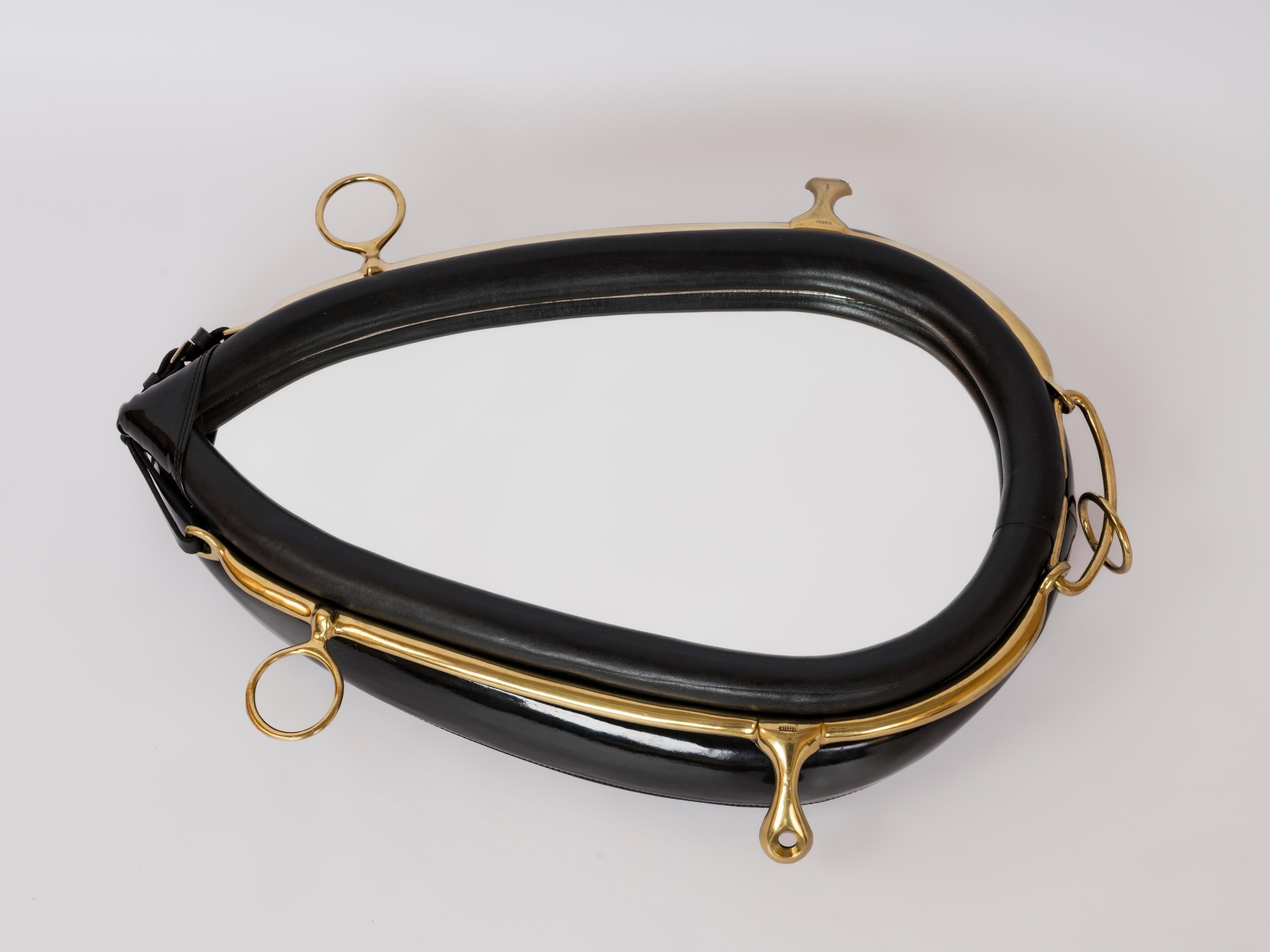 Padded Black Faux Leather & Brass Equestrian Mirror by Kieffer - France 1970's For Sale 4