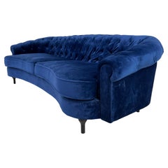 Padded Blue Velvet and Black Lacquered Sofa