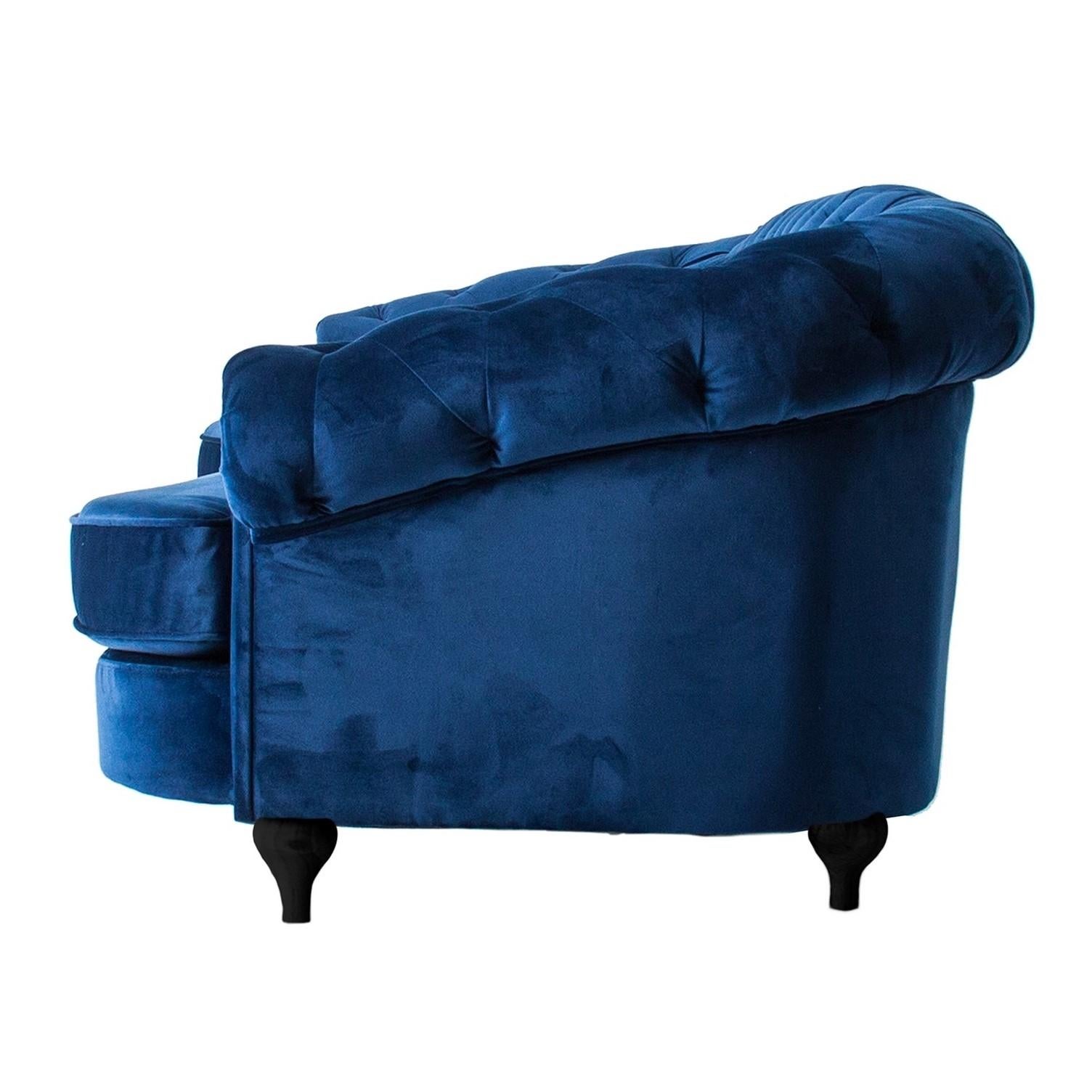 European Padded Blue Velvet and Black Lacquered Sofa