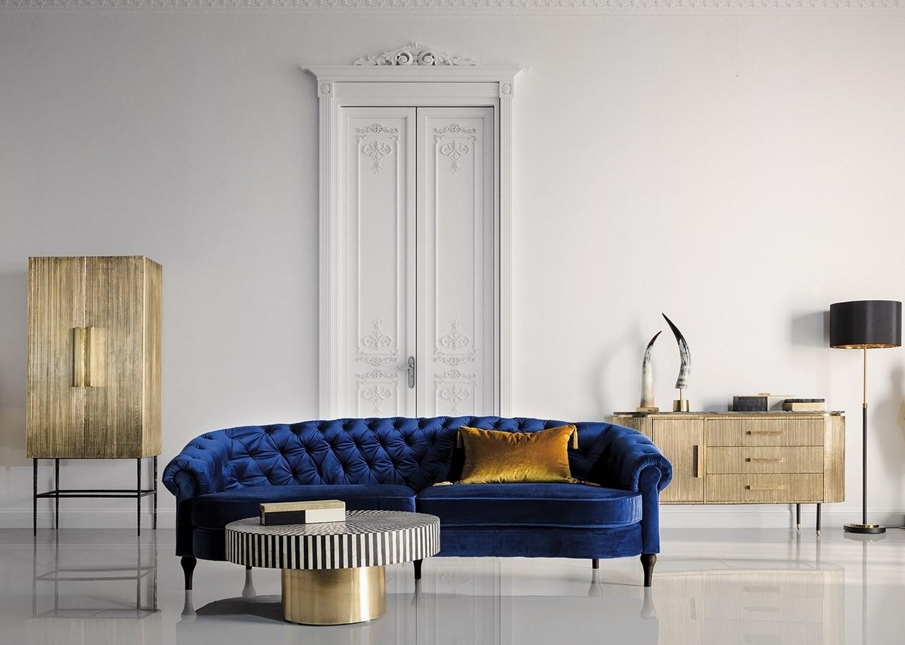 Contemporary Padded Blue Velvet and Black Lacquered Sofa